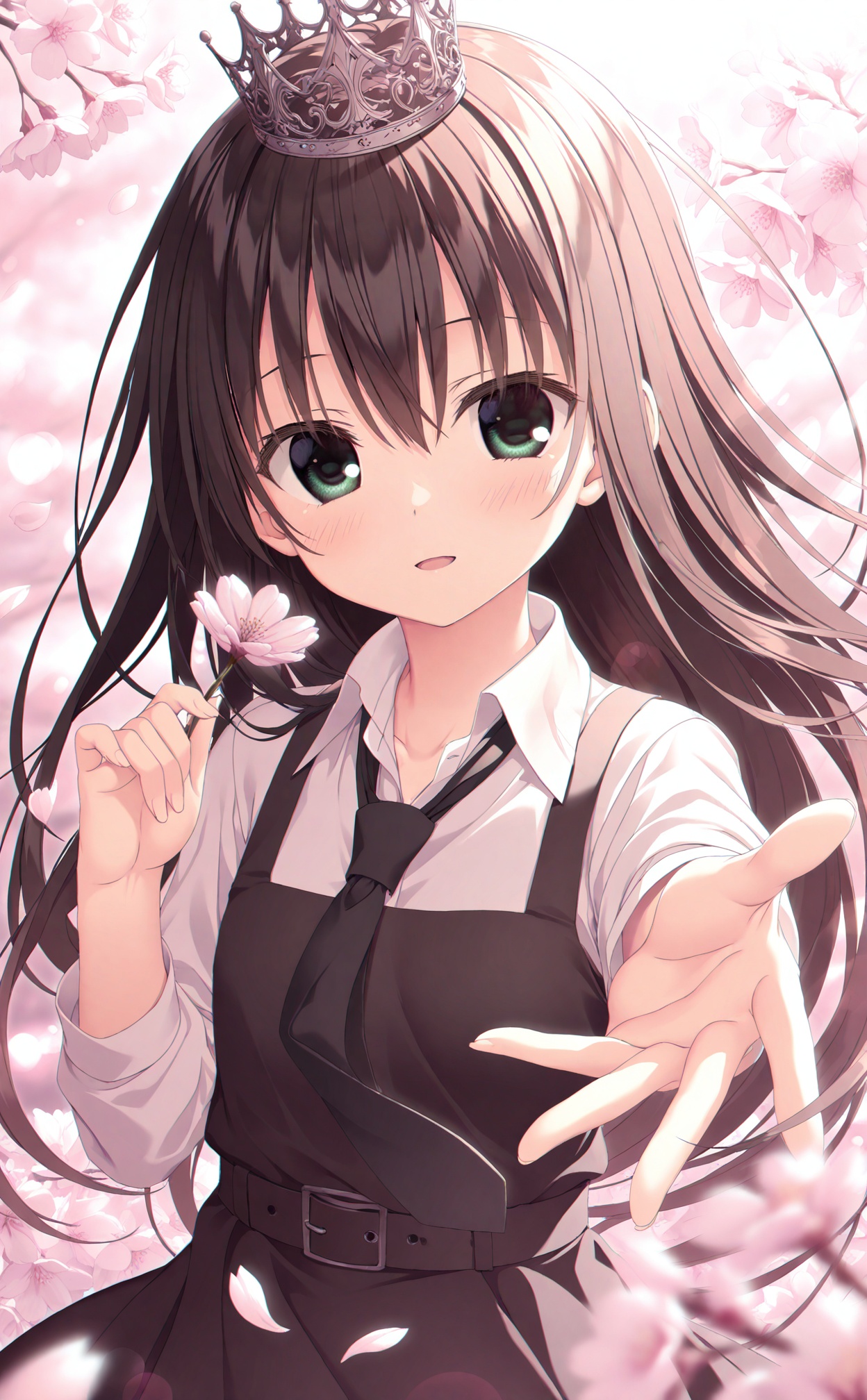 masterpiece,very aware,(highres),absurdres,newest,best quality,(loli),petite,high quality,chromatic_aberration,White Theme,lightblue Theme,//,1girl, solo, long hair, cherry blossoms, looking at viewer, green eyes, necktie, holding, crown, shirt, hair between eyes, flower, floating hair, white shirt, blurry, smile, blurry foreground, blush, sleeveless dress, brown hair, petals, dress, collared shirt, very long hair, upper body, branch, black necktie, white flower, spring (season), depth of field, pinafore dress, black dress, open mouth, hand up, sleeveless, black hair, parted lips, artist name, mini crown//,//,absurdres,newest,very aesthetic,amazing quality,highres,sensitive,ultra detailed,best anatomy,HDR,8K,high detail RAW color art,high contrast,illustration,depth of field,(colorful),phenomenal aesthetic,detailed light,blurred picture,Tyndall effect,contrast,lens flare,cinematic lighting,//,<lora:yzk——【noob】hans:0.8>,