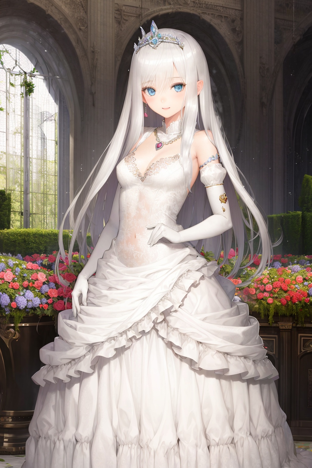 <lora:艺术家_tony taka2-000009:0.8>, masterpiece, 1girl, anime face, cute girl, ultra detailed, best quality, 14-year-old girl, blue eyes, ((goddess)), (((princess))), embodies the goddess of art and beauty, an endearing smile, small breast, long hair, silver hair, opened eyes, detailed, (aristocratic dress), white dress, princess dress, ((frill)), decorated with ornate embellishments, tiara, jewelled necklace, medieval europe environment, walking, (floral garden), (flower garden)