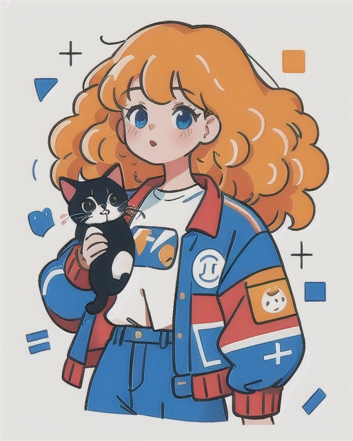 1girl, jacket, curly hair, long hair, holding a cat, simple background,