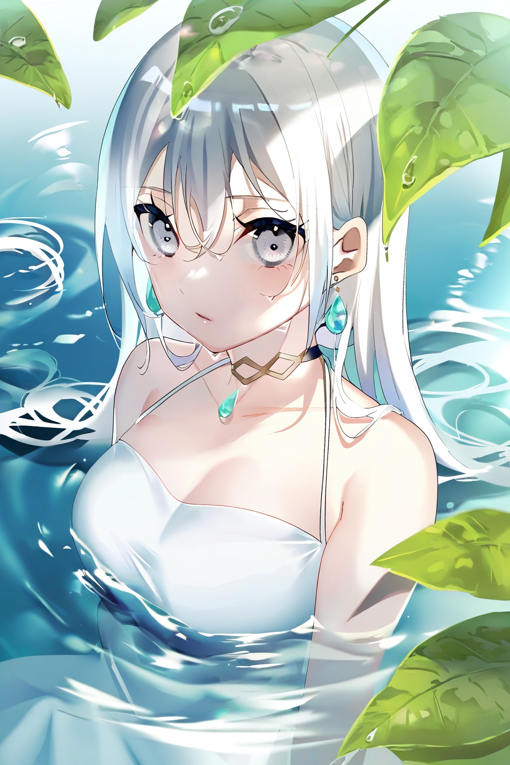 meiheyeragu,1girl,solo,looking at viewer,long hair,partially submerged,white dress,water,dress,earrings,white hair,jewelry,grey eyes,upper body,breasts,hair between eyes,choker,bare shoulders,sleeveless,leaf,<lora:meiheyeragu:0.8>,