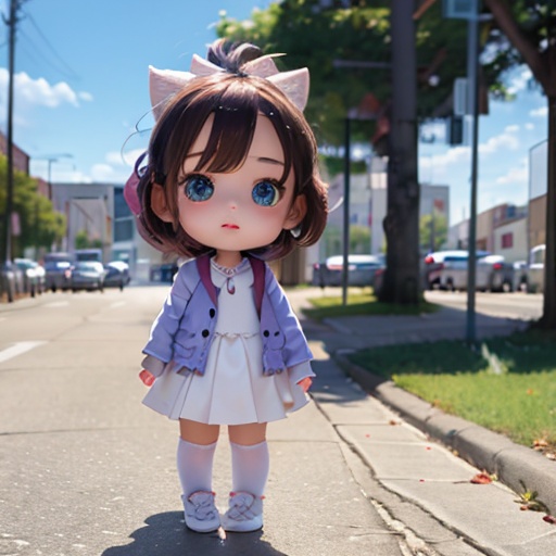 Big head doll,big head, small body, Mini Body,top-heavy,cute,Doll Body,Short hands, short feet,Short legs,(masterpiece:1.331), best quality,1 girl,white skirt,white shoes,Knee socks,backpack,car,grass