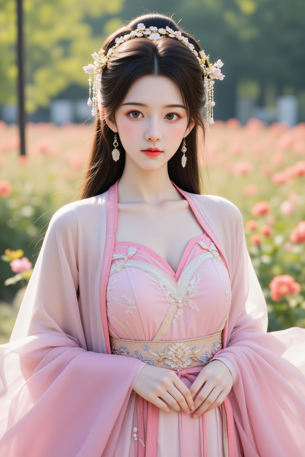 1girl, jewelry, long hair, solo, closed mouth, black hair, brown eyes, looking at viewer, upper body, pink hanfu, outdoors, flowers