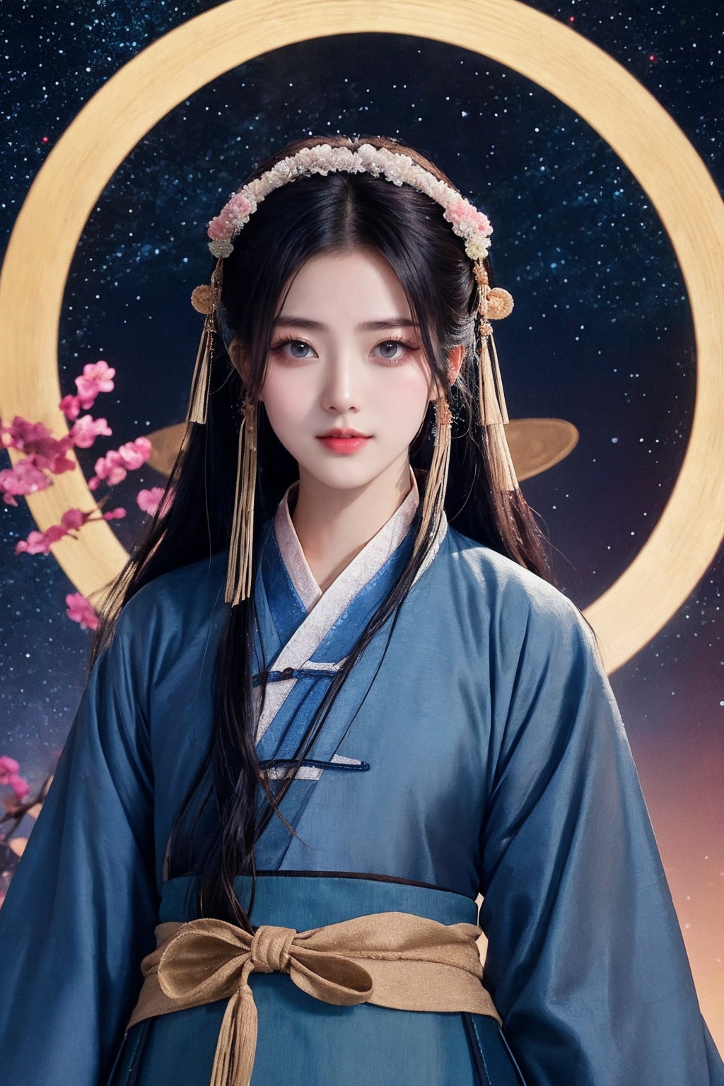 Starry sky,Milky Way,hanfu,a woman dressed in a traditional chinese hanfu,Dark( blue Hanfu:1.6),embroidered with many patterns,Dark blue hanfu,set against a cosmic backdrop,the woman has a serene expression,her hair is styled in an intricate updo,and she wears a delicate headpiece,the hanfu is a flowing garment with a gradient of colors,transitioning from a light blue at the bottom to a deeper shade at the top,the environment is filled with stars and nebulae,giving the image a dreamy and ethereal quality,at night,the background is a starry sky,realistic,ultra-fine painting,sharp focus,extreme detail description,