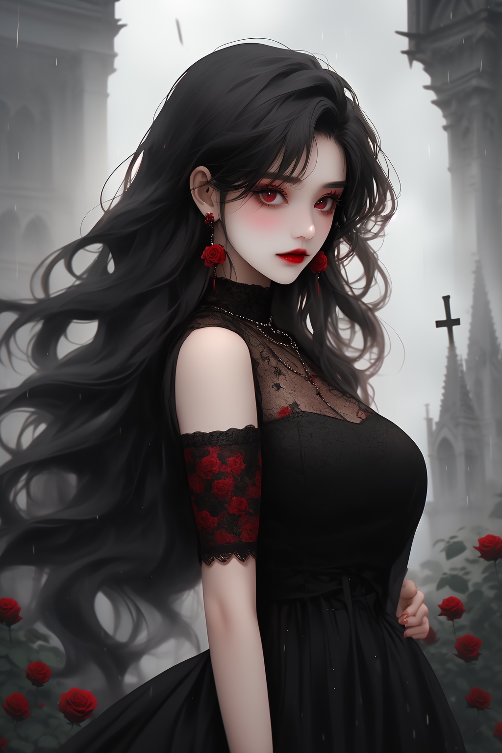 ShenMi, 1girl, long hair, black hair, jewelry, earrings, solo, flower, red eyes, red lips, dress, rose, black dress, cross, looking at viewer, red flower, rain, outdoors, from side, makeup, red rose, gothic style <lora:ShenMi7:0.8>