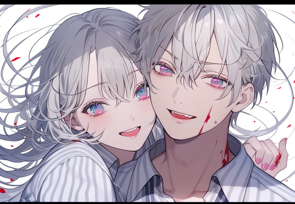 (best quality), ((masterpiece)), (highres), illustration, original, extremely detailed, <lora:淡彩の华美病娇:0.7> 1girl, 1boy, long hair, letterboxed, blood, open mouth, striped, striped shirt, shirt, parted lips, teeth, white background, white hair, upper body, short hair, hair between eyes, grey hair, pink eyes, upper teeth only, blood on face, blue eyes, smile, simple background