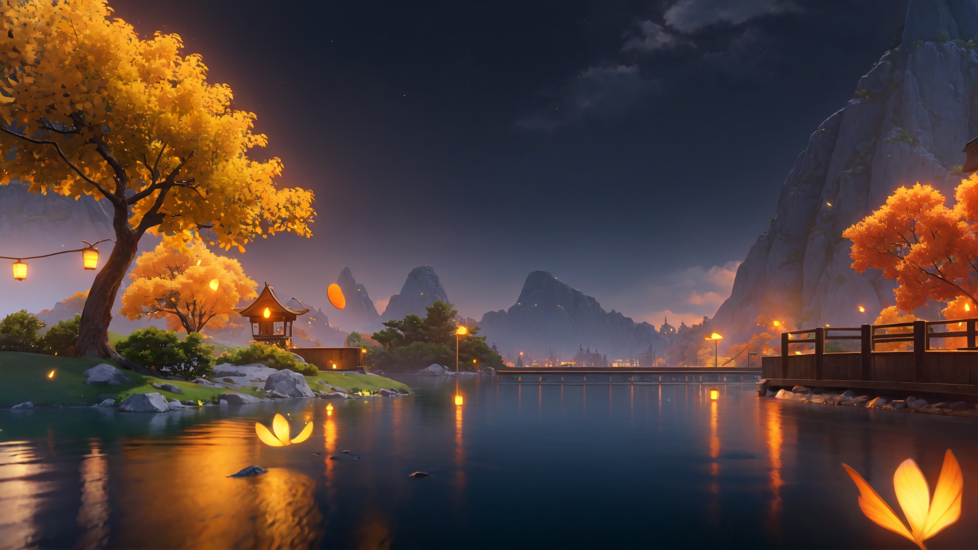 extremely detailed CG unity 8k wallpaper,masterpiece,best quality,ultra-detailed,best shadow,High contrast,best illumination,an extremely delicate and beautiful,dynamic angle,cityscape horizon,mountainous horizon,depth of field,in summer,(night:1.2),(fireflies:1.3),hyper_galaxy,shooting star,cloud,floating,tree,water,beautiful and delicate water,reflection,<lora:liyue-000015:0.8>,