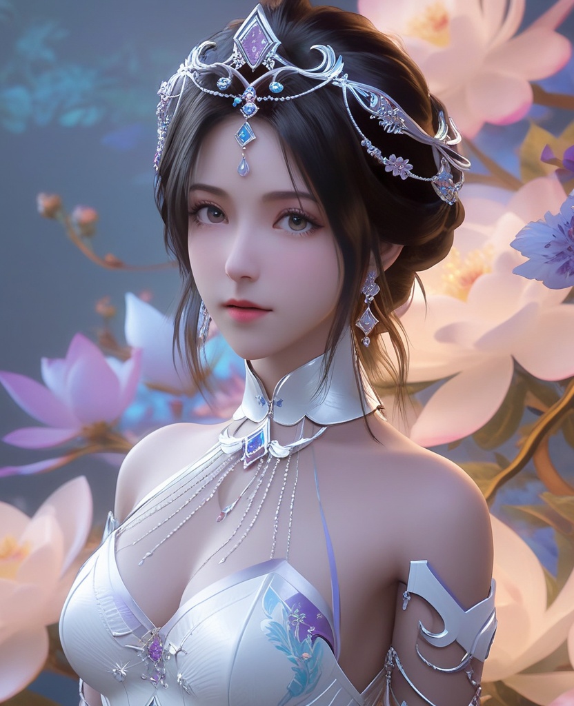 <lora:613-DA-XL-神印王座-白玥:0.8>(,1girl, ,best quality, ),looking at viewer,,anime,(masterpiece, top quality, best quality, official art, beautiful and aesthetic:1.2), (1girl)	, , (cleavage),extreme detailed,(fractal art:1.3),colorful, flowers ,highest detailed,(by Jeremy Lipking)    (cleavage), (),