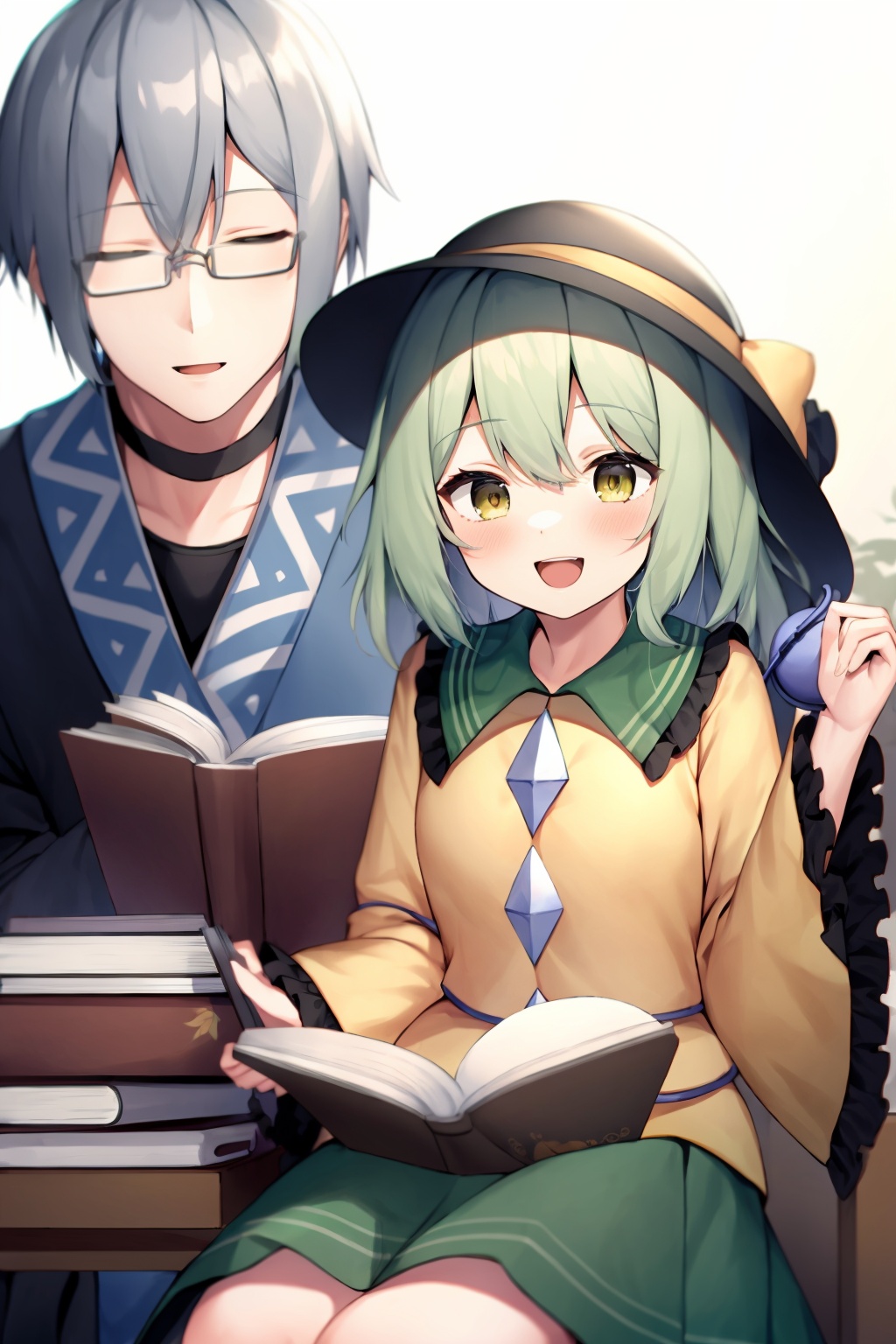 masterpiece, best quality,<lora:MorichikaRinnosuke:1>,1girl, komeiji koishi, 1boy, morichika rinnosuke, hat, book, glasses, green hair, third eye, closed eyes, cup, yellow eyes, open mouth, frills, smile, black headwear, long sleeves, yellow shirt, choker, short hair, holding, wide sleeves, reading, green skirt, open book, grey hair, skirt, shirt, holding book, ribbon, sitting, hat ribbon