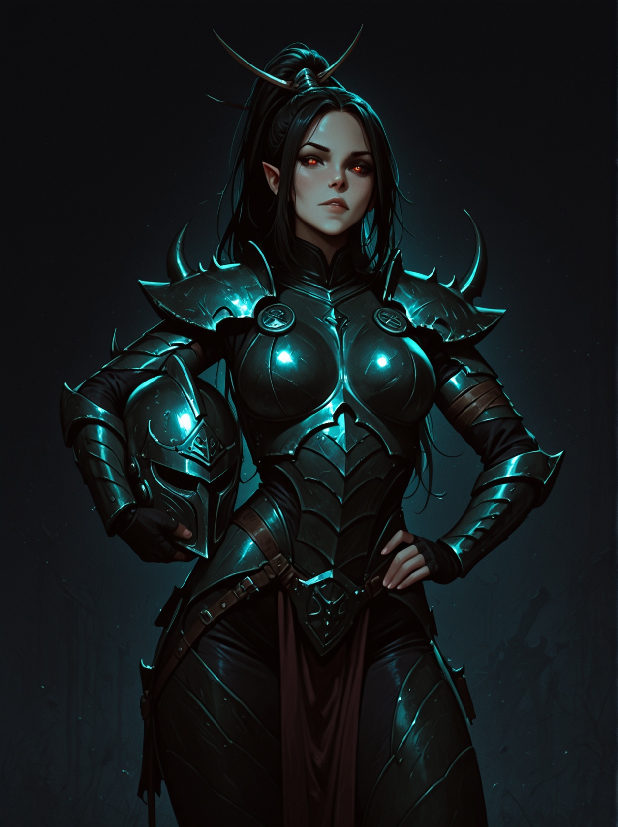 Drukhari kabalite warrior holding a helmet under one arm,  hand on hip,  dark background on Tensor.Art