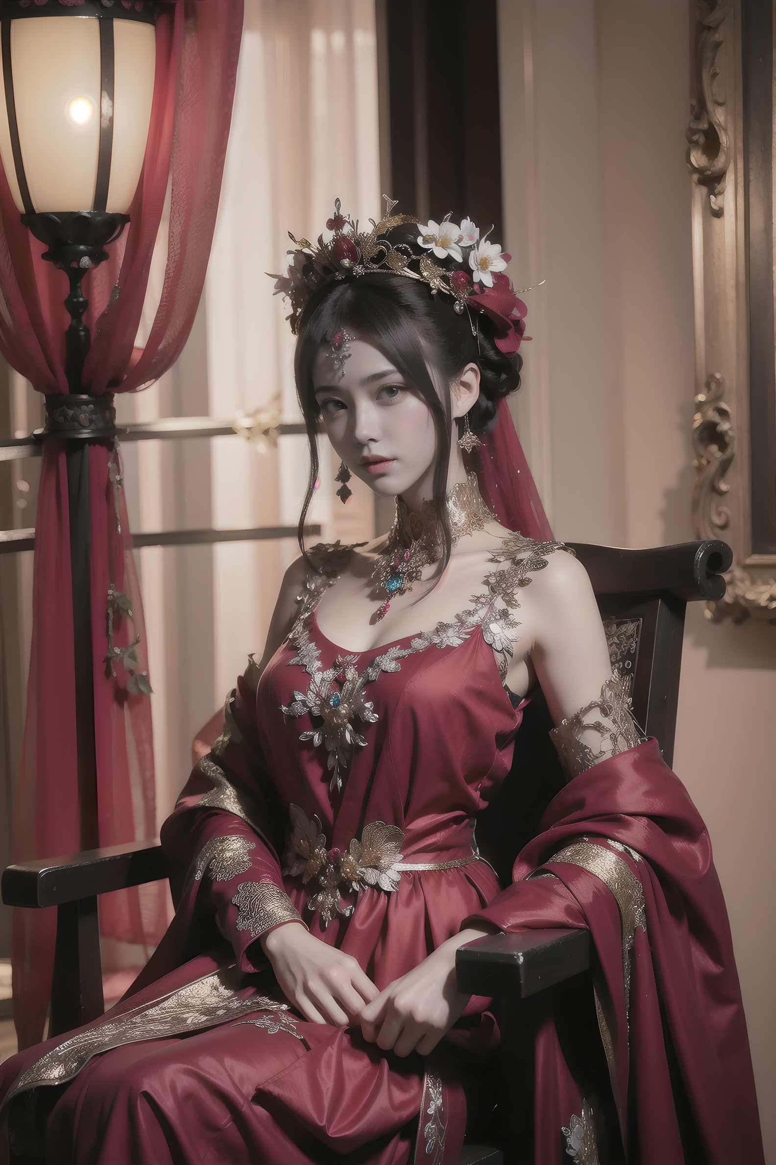 a woman sitting in a chair with a lot of lights behind her and a lot of lanterns behind her,Chen Chun,classical painting,a painting,fantasy artbest quality,masterpiece,realistic,masterpiece,Highly detailed,extreme detail description, <lora:中式花嫁v1:0.8>,Red wedding dress, 