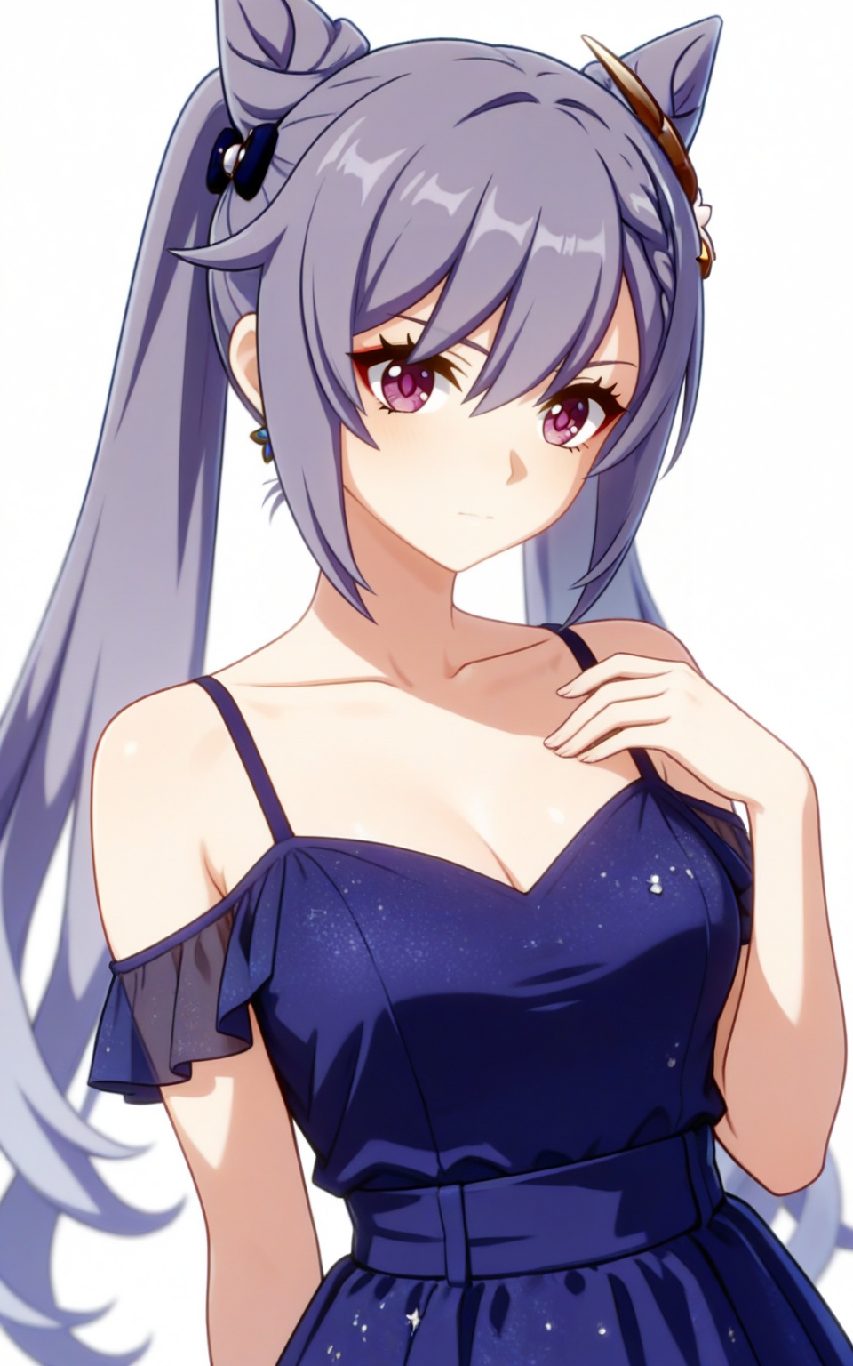 depth of field,masterpiece,best quality,very aesthetic,alternate costume,alternate costume,2024,2023,perfect composition,ultra-detailed,extreme aesthetic,masterpiece,best quality,good quality,newest,year 2024,year 2023,very aesthetic,absurdres,looking_at_viewer,colorful,white_background,simple background,upper_body,see-through,dress,<lora:刻晴·衣服百搭款ILL:0.8>,keqing \(genshin impact\),purple hair,long hair,twintails,double bun,cone hair bun,hair between eyes,hair ornament,purple eyes,