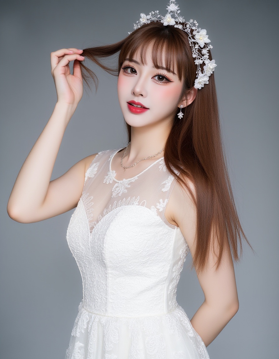 This is a photograph of a young Asian woman with fair skin and long, straight brown hair. She is wearing a white lace dress with intricate floral patterns. Her makeup is bold, featuring red lipstick and dark eye makeup. A delicate, silver headpiece with floral and butterfly motifs adorns her head. She stands against a gradient gray background, with one arm raised, touching her hair. The overall aesthetic is ethereal and elegant, emphasizing her soft features and the texture of the lace fabric.