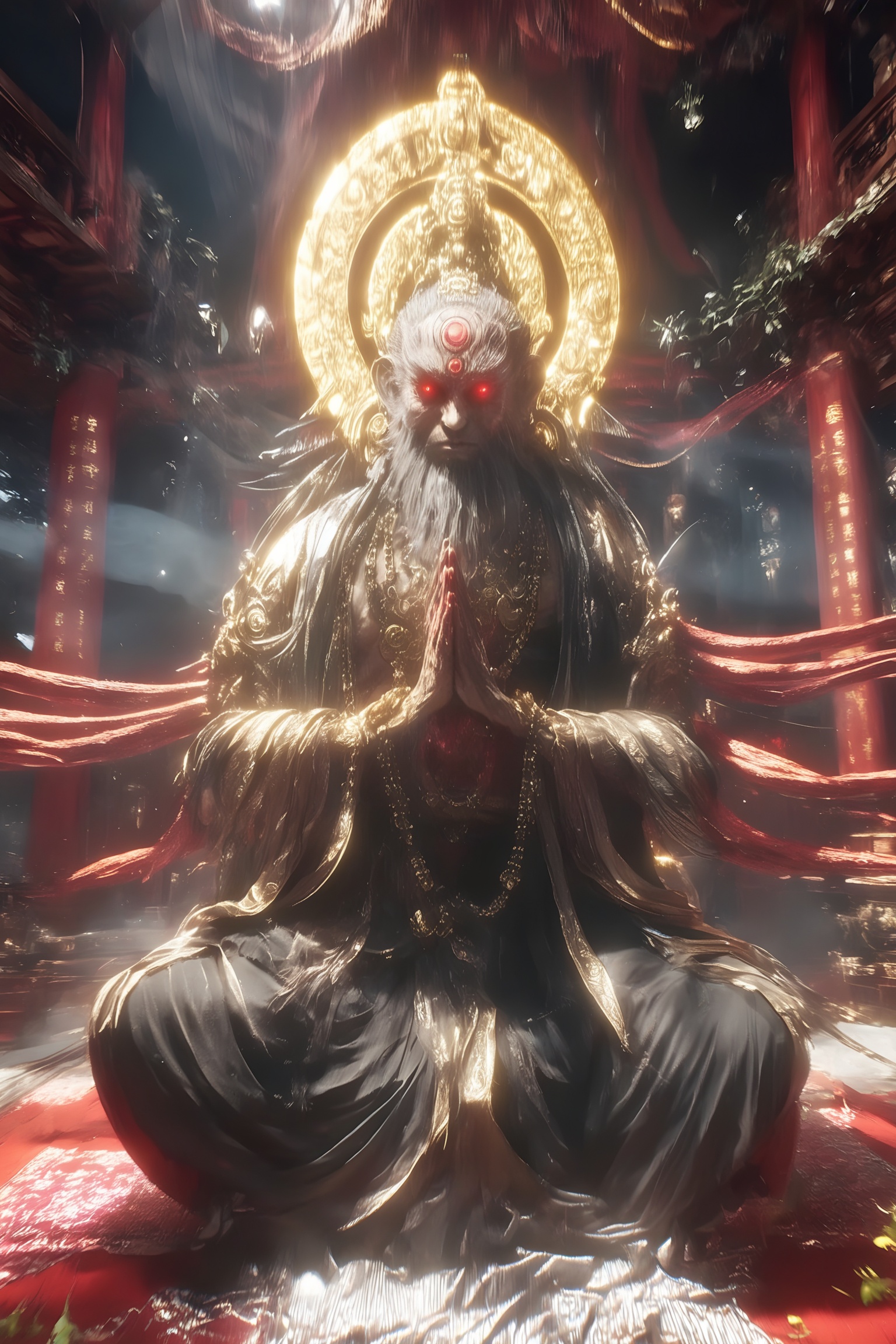 fo,The image depicts a surreal and fantastical scene featuring a character that appears to be a fusion of traditional and futuristic elements. The character is seated in a meditative pose,surrounded by a halo of intricate golden patterns. The figure has a humanoid form with a metallic,robotic appearance,including a glowing red eye and multiple mechanical limbs extending from its body. The character is adorned with ornate,flowing garments and is surrounded by a mystical aura,with red and gold accents adding to the overall sense of otherworldly energy. The setting appears to be a grand,ancient temple or palace,with dark wooden structures and soft,ambient lighting creating a dramatic and mystical atmosphere.,