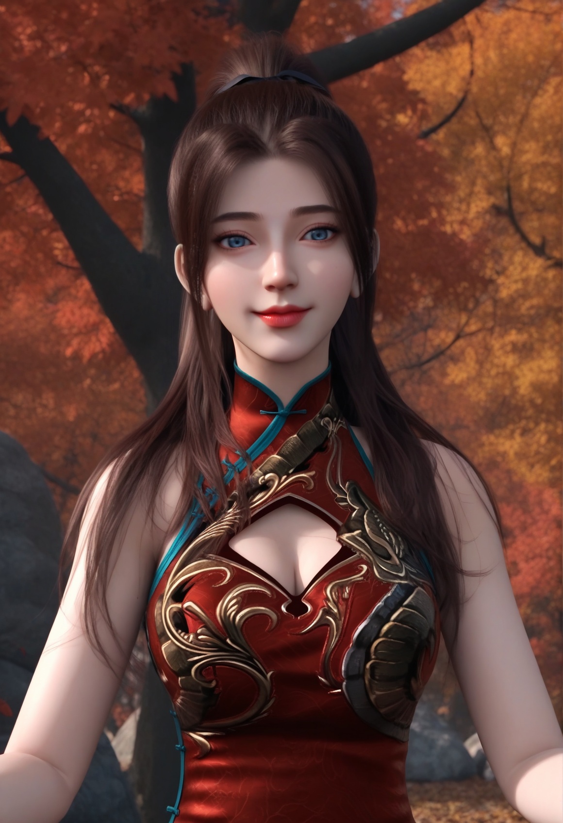 (score_9),<lora:唐紫尘-apony-000009:0.83>,tangzichen,(mature_female:1.1),solo,blue eyes,long hair,brown hair,ponytail,hair tie,china dress,cleavage cutout,thigh strap,(red_china_dress),short_shorts,<lora:Expressive_H-000001:0.8>,light blush,(double v),upper body,looking at viewer,collarbone,(glamor:1.2),pointy breasts,puffy breasts,<lora:e肤色滑块:0.5>,fair_skin,(pale_skin),<lora:e色温:-0.35>,light skin,ultra-detailed skin texture,detailed textures,<lora:皮肤凹痕:1.2>,BREAKin autumn,grove,(maple_tree),(maple_leaf),leaf,autumn leaves,falling leaves,branch,twig,Tyndall effect,available light,depth of field,rock,4K ultra HD,sharp focus,high detail,natural lighting,high contrast,