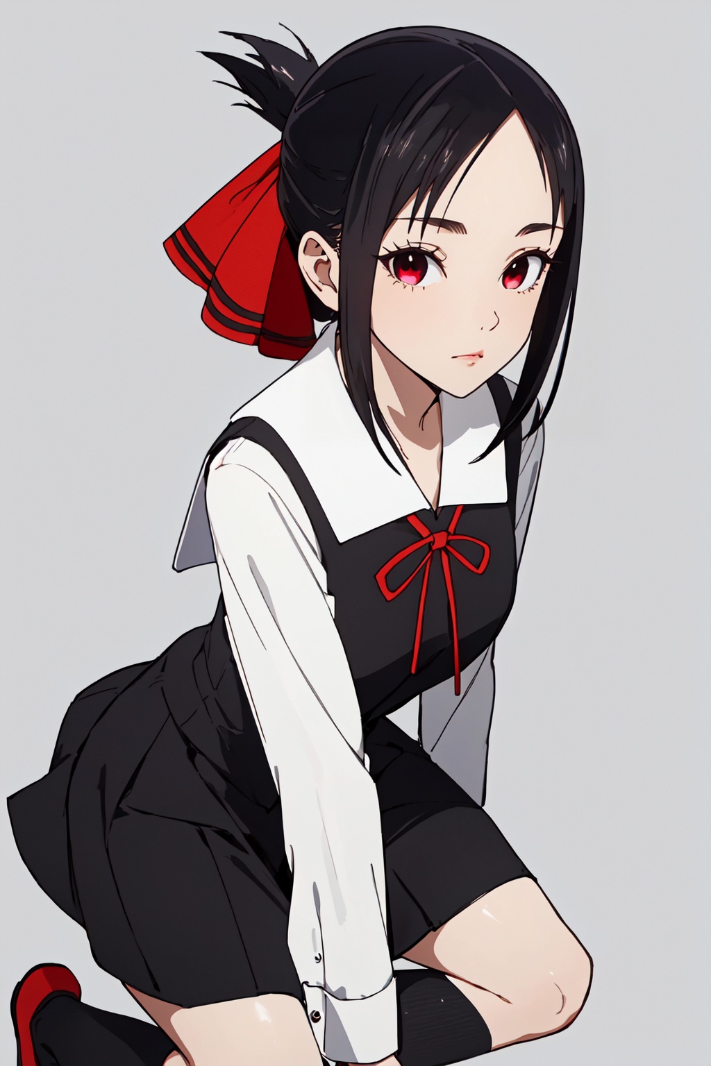 1girl,looking at viewer,solo,black hair,short hair,folded ponytail,red eyes,shuuchiin academy school uniform,dress,ribbon,red ribbon,socks,black socks,hair ribbon,black dress,kneehighs,shoes,long sleeves,<lora:Kaguya:0.8>,Kaguya_CYQL,portrait,beautiful face,beautiful eyes,glossy skin,shiny skin,grey background,simple background,posing in front,masterpiece,best quality,beautiful and aesthetic,contrapposto,female focus,wallpaper,fashion,