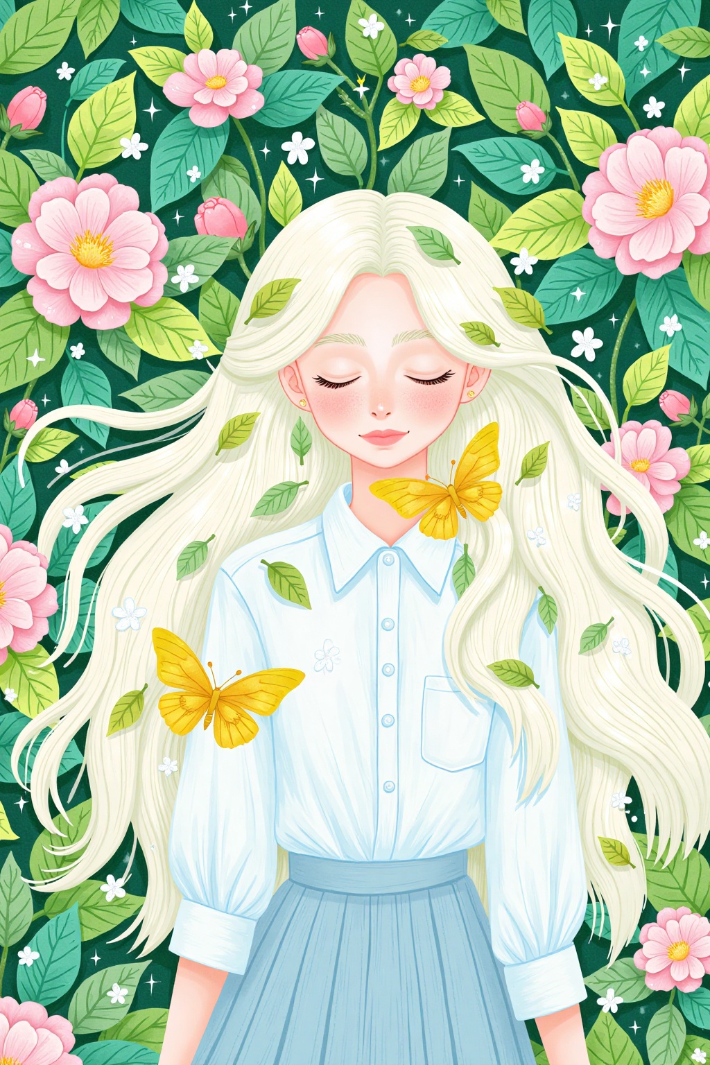 Dreamlike illustration,Depict an ethereal and whimsical digital drawing in a vibrant,soft color palette. The painting depicts a woman whose long,flowing white hair is studded with delicate green leaves and small white flowers. She had a serene,almost dreamy expression,with her eyes closed and a golden butterfly fluttering around her. The girl wore a collared button-down white shirt and a light blue pleated skirt. A large golden butterfly lands on her shirt,her skin is pale and has a soft luster,she has a serene look,the background is a forest of lush green leaves and pink camellias,vivid details of leaves and flowers,intricate textures and delicate patterns,harmoniously interwoven with the girl's costume,giving a feeling of harmony and unity with nature.,
