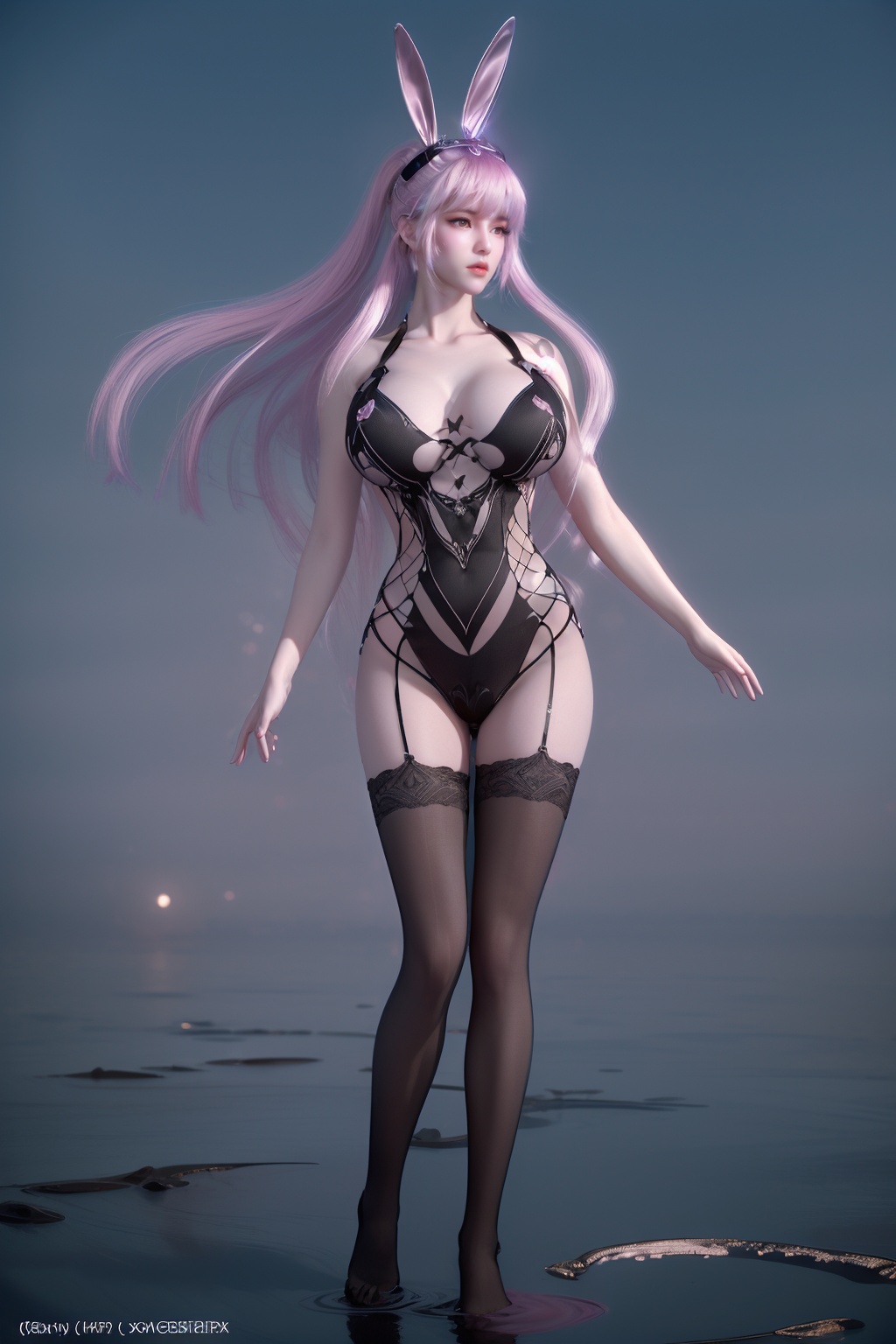 (8k, RAW photo, best quality, masterpiece:1.2),(super realistic, photo-realistic:1.3),ultra-detailed,extremely detailed cg 8k wallpaper,hatching (texture),skin gloss,light persona,(crystalstexture skin:1.2),(extremely delicate and beautiful),ultra-high resolution,Surrealism,fantastical verisimilitude,fantastical creation,thriller color scheme,surrealism,abstract,psychedelic,breasts grab,(black_underwear:1.2),(black_dress:1.2),animal ears,rabbit ears,full body, 1girl,solo,very long hair,flower,(moon),moonlight,water surface,windy,pink hair,shiny hair,light,shiny,underwear,black pantyhose,fishnets,xwhd,<lora:0502小舞献:0.8>,ll-hd,<lora:1111白皙质感:0.5>,ty-hd,<lora:0110田野:0.6>,<lora:0413情趣衣服:0.6>,