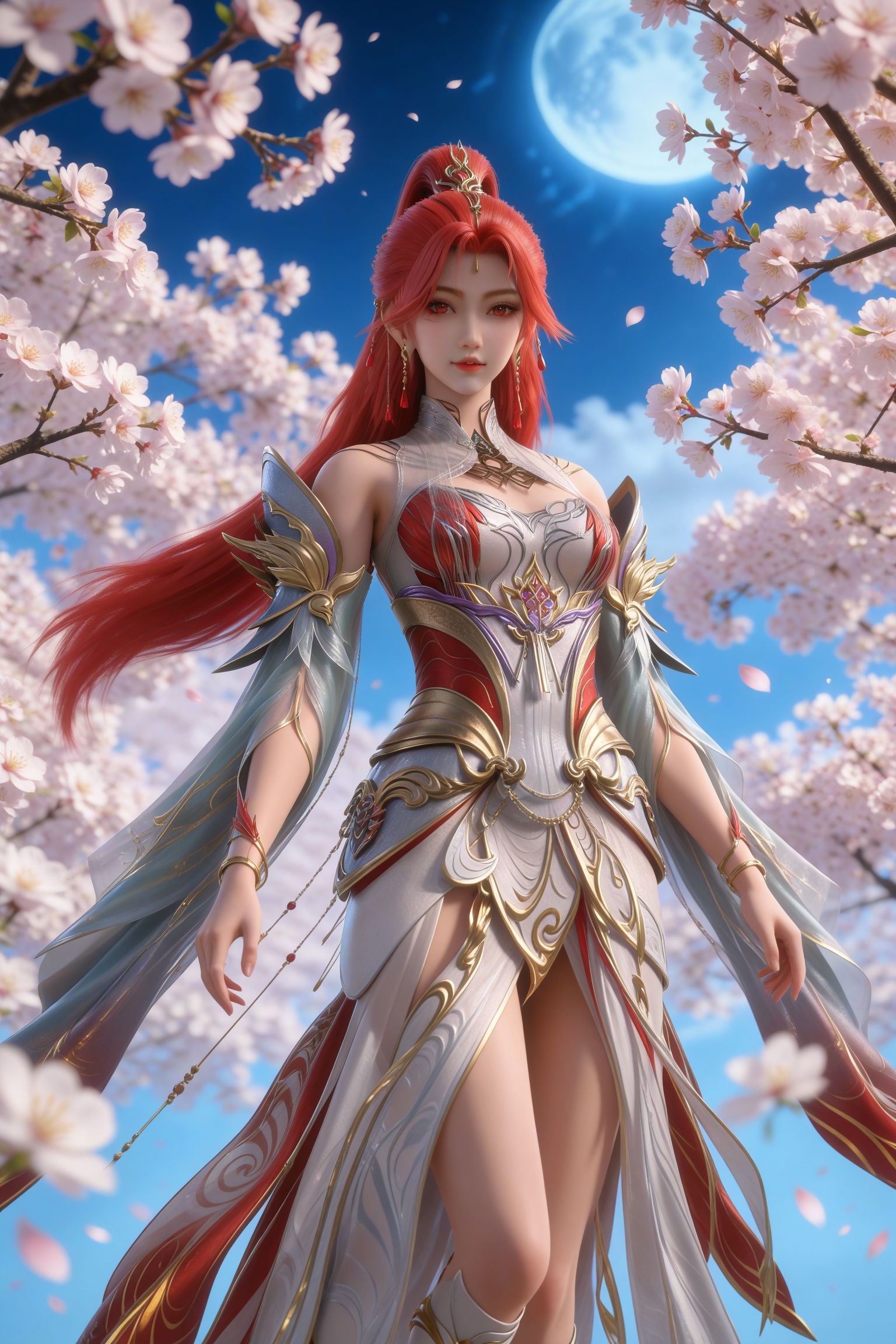 <lora:百炼成神-火允儿PonyV1.0:0.7>,1girl,long hair,ponytail,red hair,hair ornament,red eyes,earrings,white dress,bare shoulders,detached sleeves,clothing cutout,red dress,white footwear,, masterpiece,best quality,solo,1girl,upper body,petals,looking at viewer,moon,branch,cherry blossoms,flower,extreme aesthetic,(quasarcake:0.7),masterpiece,best quality,good quality,newest,very aesthetic,absurdres,A shot with tension,(Visual impact,giving the poster a dynamic and visually striking appearance:1.2),impactful picture,offcial art,colorful,splash of color,movie perspective,
