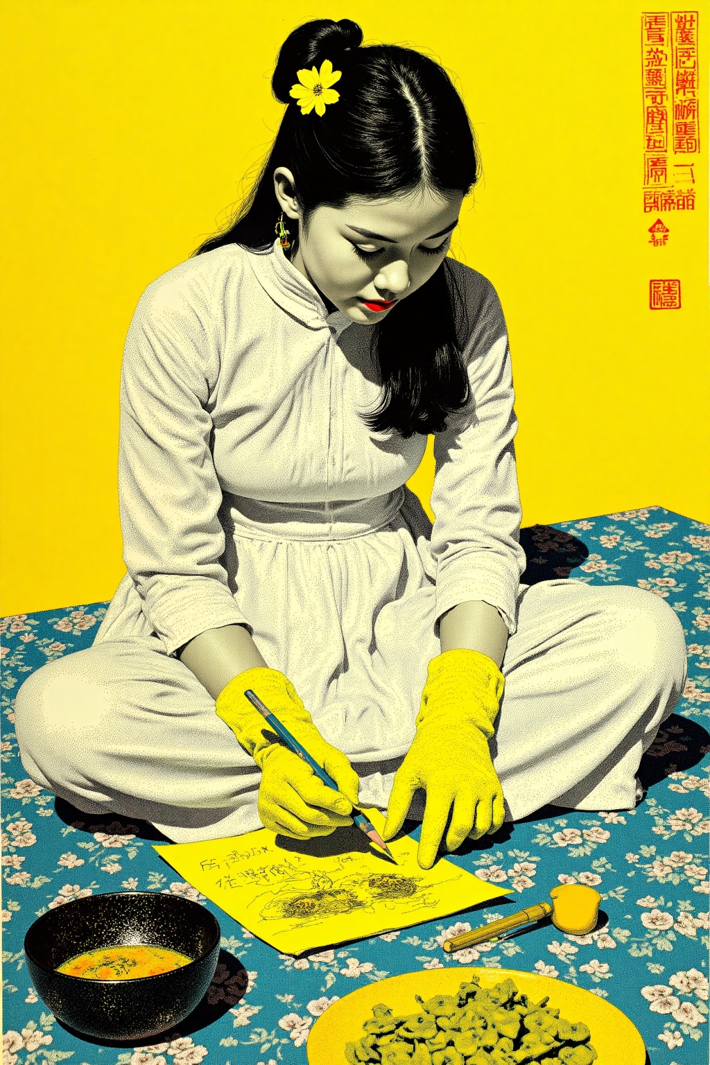 beijihui,An abstract painting of a Asian woman in a white dress, with long black hair tied up in a ponytail with a small yellow flower in the middle of her hair. She is sitting on a bed, with her eyes closed. Her hands are covered in a bright yellow glove, and she is holding a pencil in her right hand. Her left hand is resting on a yellow paper, while her left hand rests on a black bowl. The background is a vibrant yellow, and there are Chinese characters on the right side of the frame.