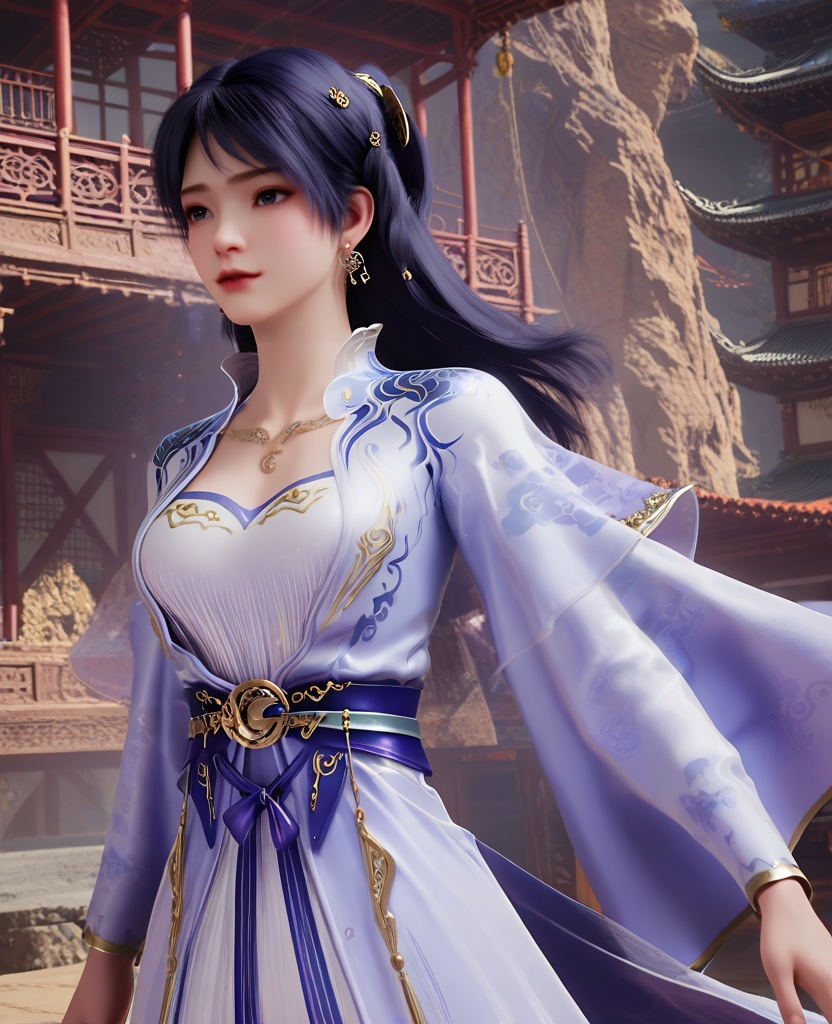 (oriental architecture, elegant decor, sophisticated style:1.1),(flying in the air,supergirl:1.1),(breasts:1.2),<lora:XL16遮天姬紫月宫装:0.95>,miss jiziyue,pastel blue wrap coat,white see-through lining dress,sash,dark purple hair,high tie half ponytail,long hair,hair ornament,earrings,necklace,lips,, score_9,score_8_up,score_7_up,score_6_up,score_5_up,score_4_up,3d rendering,tag1,tag2, Cinematic Lighting,backlighting,