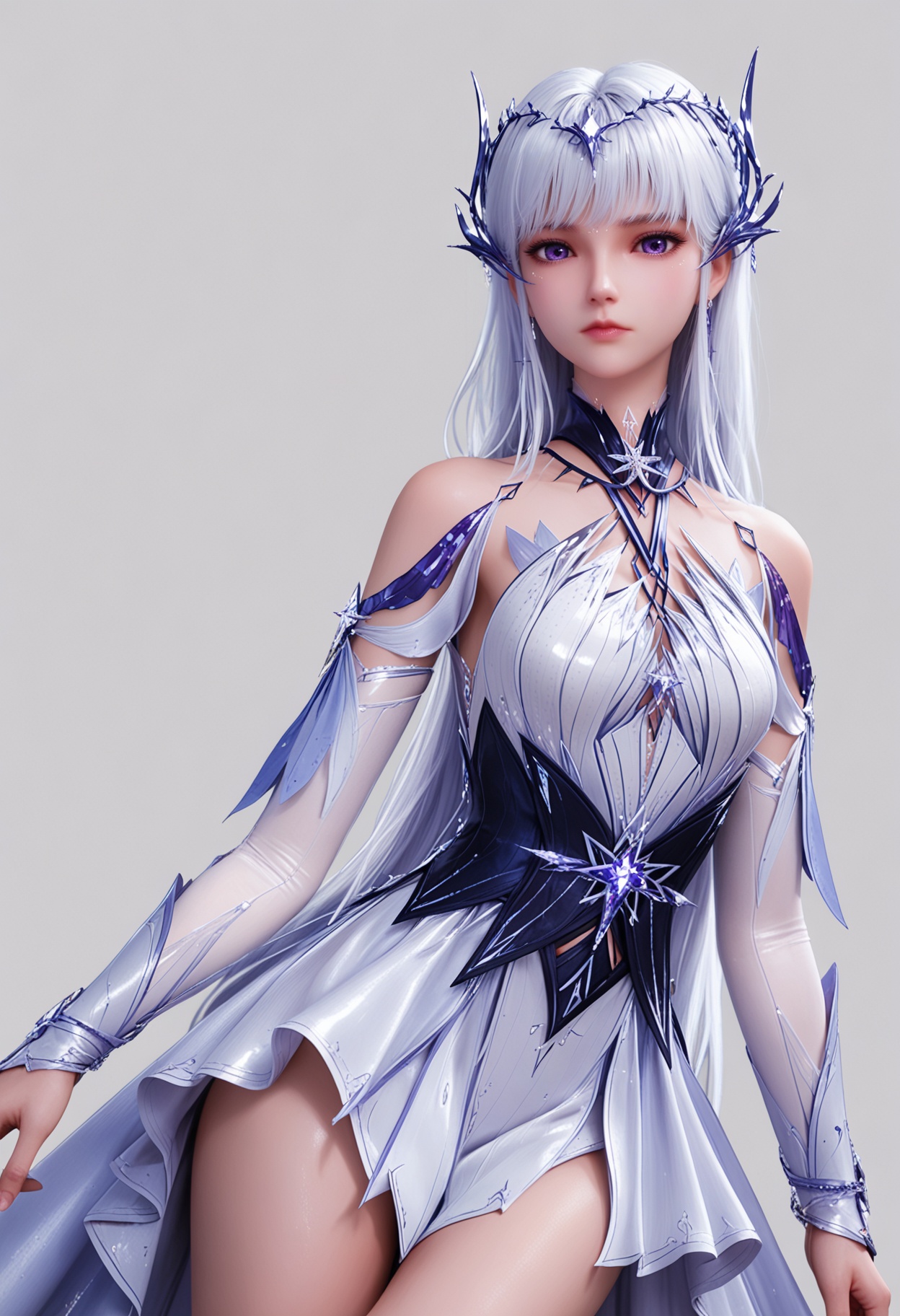 score_9,high detail,best quality,shiny skin,shiny,shengcaiersj,1girl,solo,purple eyes,long hair,white hair,white background,hair ornament,dress,bare shoulders,simple background,closed mouth,white dress,jewelry,expressionless,realistic,earrings,detached sleeves,looking at viewer,thighs,<lora:QQSponyshangcaiersjV1:0.8>,<lora:Pony_DetailV2.0:0.8>,<lora:皮肤凹痕:0.1>,