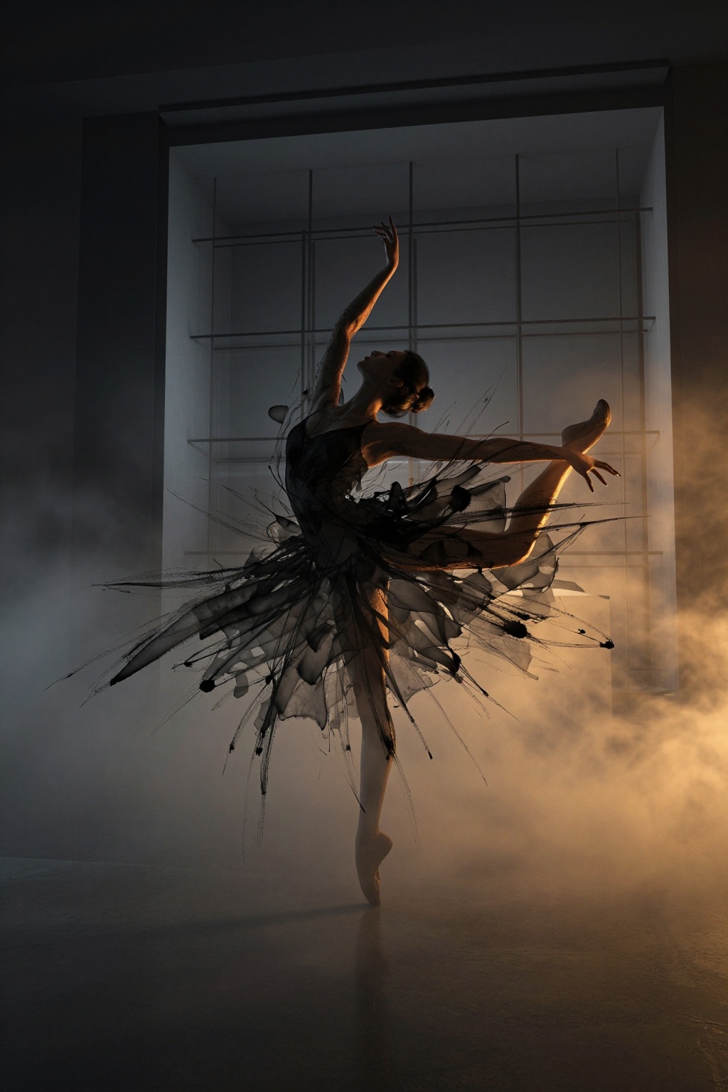 YY Anime style,CG,A female dancer in mid-pirouette, angled torso with one leg extended, arm raised in fluid motion, rendered with dynamic angled composition and overlapping ink washes creating layered transparency. Contemporary cinematic realism blended with architectural photography, featuring geometric minimalism through precise silhouette and background grid lines. Primary color palette: charcoal gray, deep black, and warm luminous amber accents. Lighting: low-key chiaroscuro from single directional source with volumetric fog simulation obscuring mid-ground, selective color grading emphasizing amber highlights against cool shadows. Digital compositing with precise layer blending, material textures showing inks fluid sheen and watercolors translucent washes. Atmosphere: dense volumetric fog in foreground, atmospheric tension through controlled light dispersion and shadow contrast. Spatial structure: layered depth via foreground fog, mid-ground dancer silhouette, and background geometric grid lines. 