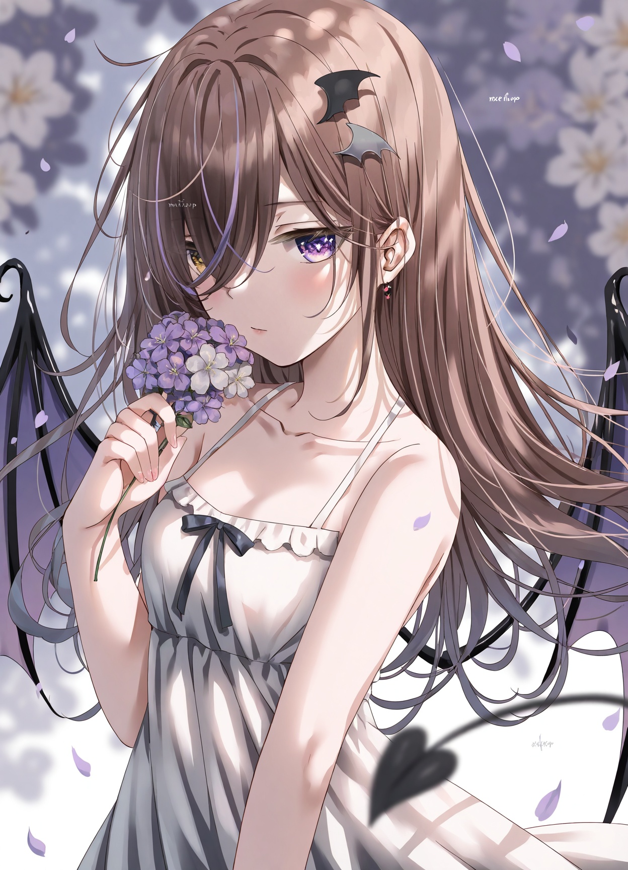 mafuyu \(chibi21\), 1girl, solo, dress, wings, tail, white dress, holding, flower, demon tail, bare shoulders, hair over one eye, purple eyes, long hair, holding flower, sleeveless, bare arms, white background, multicolored hair, demon wings, sleeveless dress, petals, purple wings, purple flower, purple hair, blush, collarbone, hair ornament, closed mouth, heterochromia, frills, hand up, frilled dress, twitter username, brown hair, depth of field, small breasts, breasts, yellow eyes, two-tone hair, demon girl, very long hair, bow, wing hair ornament, white flower, blurry, blurry foreground, hair between eyesmasterpiece,best quality,newest,highres,absurdres,newest,wlop<lora:mafuyu-nbai-vpred:0.8>,