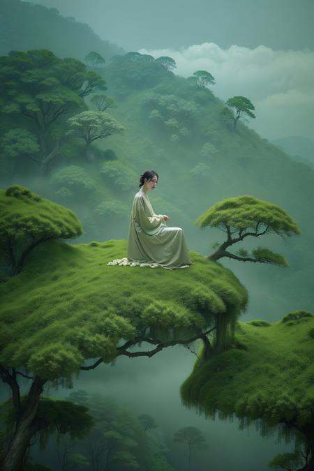photorealistic,realistic,photography,masterpiece,best quality,ultra-detailed,1girl,water,branch,smoke,the top of the hill,say,fog,<lora:绿意冥想:0.6>,