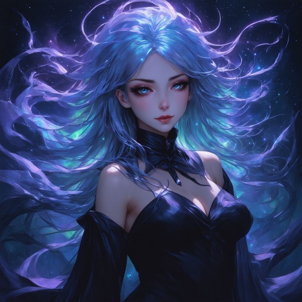 a female character with long,  flowing hair that appears to be made of ethereal,  swirling patterns resembling the Norther...