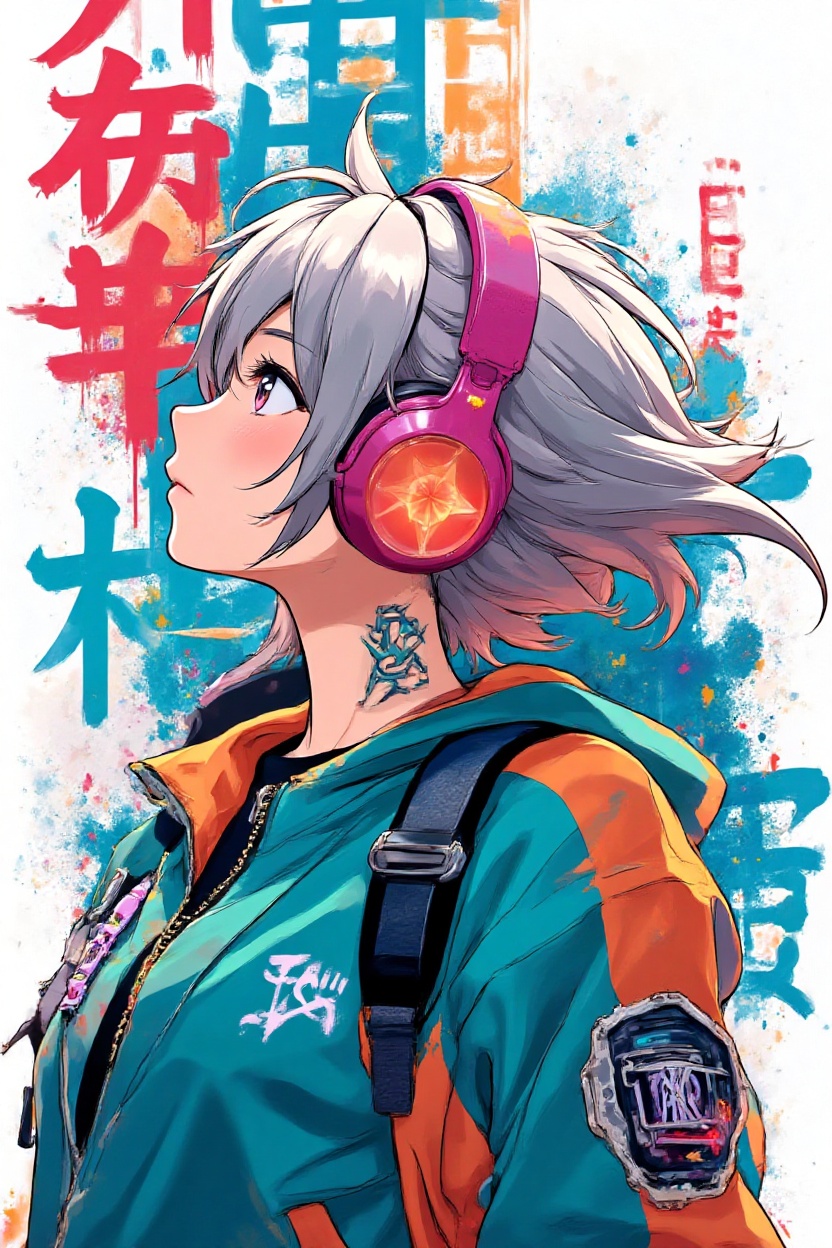 { "prompt": "Anime-style girl with large magenta headphones,  wearing a teal and orange streetwear jacket,  looking upward...