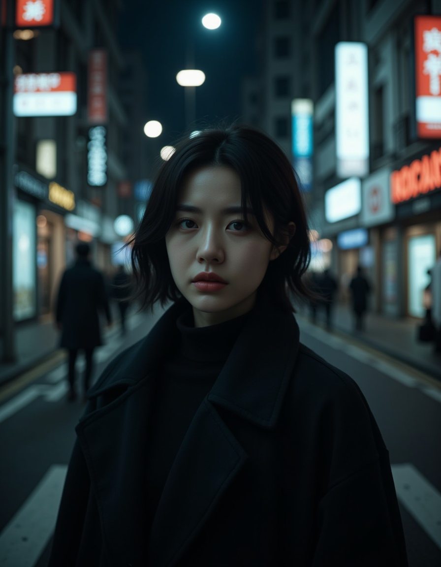 (photorealistic:1.28),A cinematic photography style image with a 2:3 ratio. An Asian woman,in her twenties,is donned in a black windcoat on a bustling metropolitan street at night. The atmosphere is perilous and taut. High-contrast shadows bestow a mysterious allure. Her expression is fraught with nervousness,and her short black hair is somewhat tousled. Her pale lips tremble slightly. The street lights cast elongated,ghostly shadows. The details are ultra-high,and the resolution is razor-sharp. The composition is a tunnel,highlighting the profound depth and narrow confinement of the street,collarbone,smile,