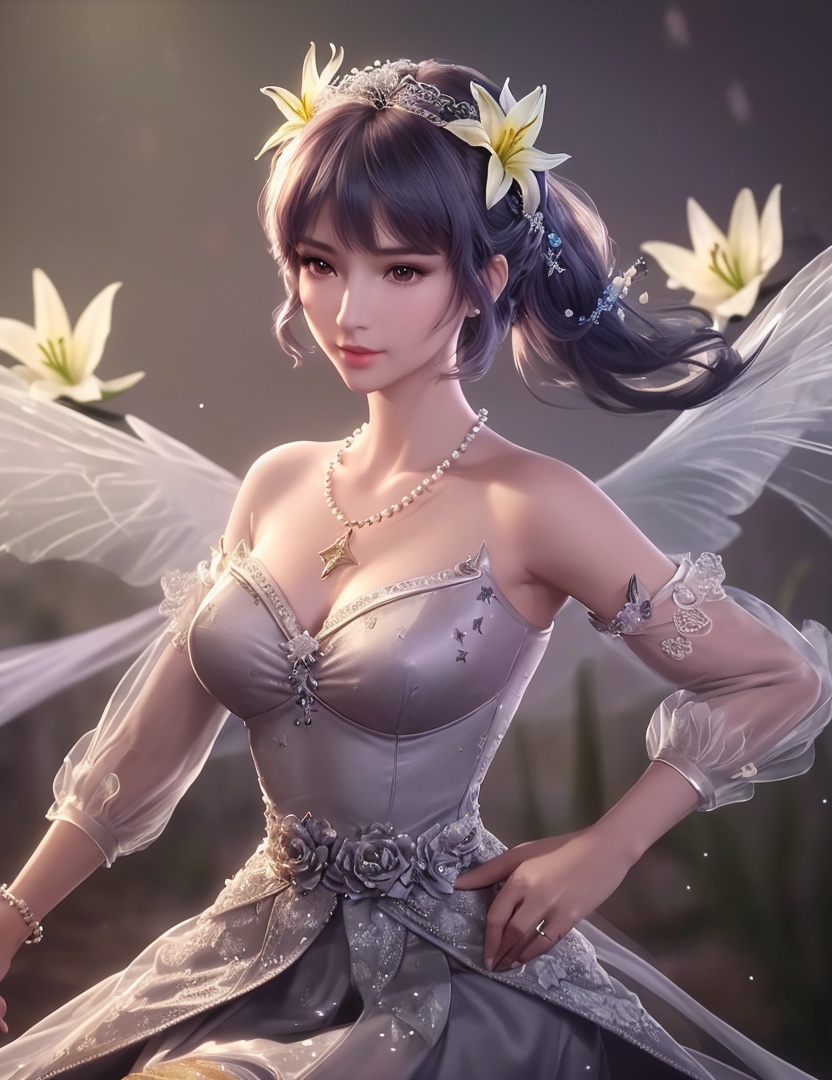 ultra realistic 8k cg, picture-perfect face, flawless, clean, masterpiece, professional artwork, famous artwork, cinematic lighting, cinematic bloom, perfect face, beautiful face, fantasy, dreamlike, unreal, science fiction,   lace, lace trim, lace-trimmed legwear,  (rich:1.4), prestige, luxury, jewelry, diamond, gold, pearl, gem, sapphire, ruby, emerald, intricate detail, delicate pattern, charming, alluring, seductive, erotic, enchanting, hair ornament, necklace, earrings, bracelet, armlet,halo((,1girl, pov,))  ((, 1girl, solo, star_\(symbol\),lily \(flower\),hair flower, dress, jewelry))<lora:DA_BaiChenXiang:0.6>