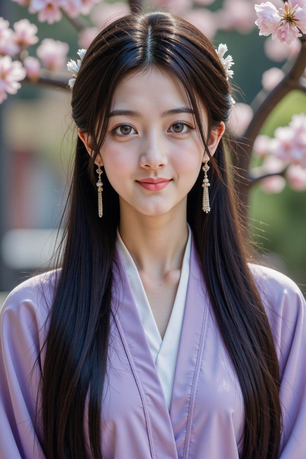 cinematic photo 1girl, teenage, jewelry, long hair, solo, smirk, closed mouth, black hair, brown eyes, looking at viewer, upper body, purple chinese clothes, outdoors, flowers