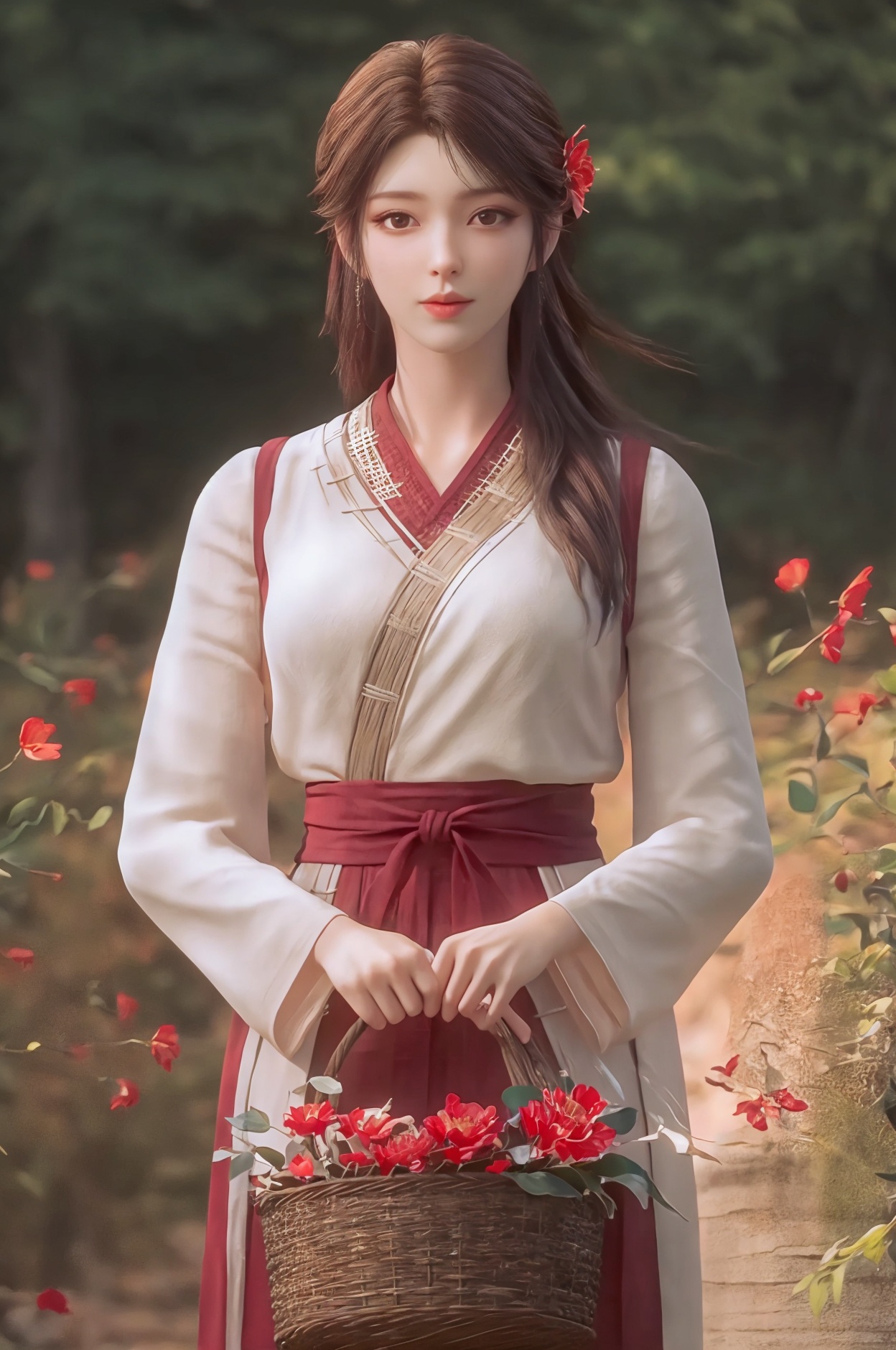 (8k, RAW photo, best quality, masterpiece:1.2),(realistic, photo-realistic:1.1),ultra-detailed,extremely detailed cg 8k wallpaper,(crystalstexture skin:1.4),(extremely delicate and beautiful),1girl, basket, solo, flower, brown hair, white background, long hair, simple background, holding, standing, brown eyes, looking at viewer, holding basket, skirt, hair ornament, korean clothes, full body,((looking at viewer)), 1girl,,  flower_field, lips, ,   <lora:hle1:0.8>