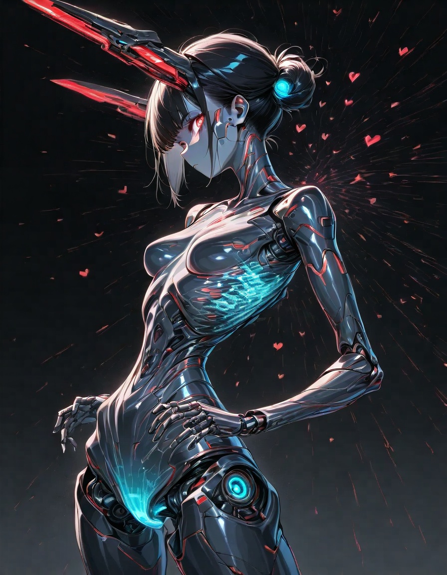 score 9,score 8 up,score 7 up,1girl,solo,short hair,black hair,heart,nude,horns,hair bun,glowing,robot,science fiction,sideways glance,android,joints,robot joints,(no nipples:1.2),mechanical parts,cyberpunk,mechanical horns,hologram,looking at viewer,black background,cowboy shot,limited palette,sketch,glowing,psychedelic,black theme,intricate mechanical structure,steampunk,