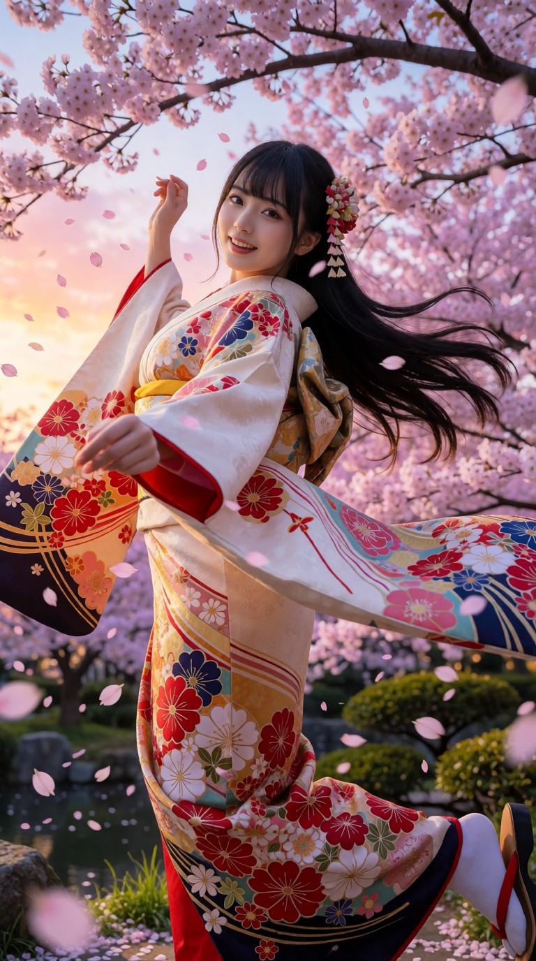 Ultra realistic full body portrait of a beautiful young Japanese woman wearing an elegant flowing kimono with intricate fl...