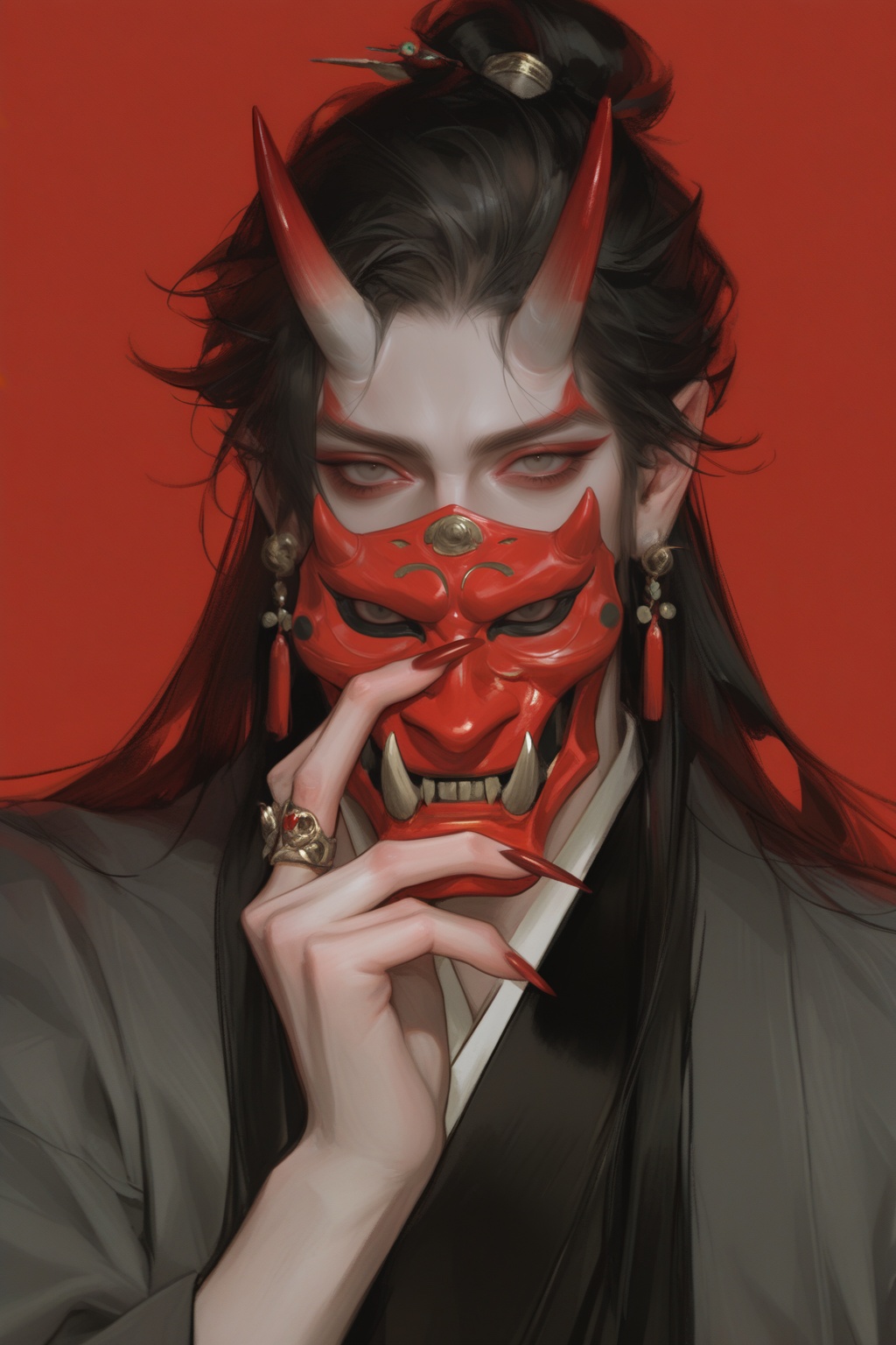 mask,  black_hair,  horns by MissFidonyo on Tensor.Art