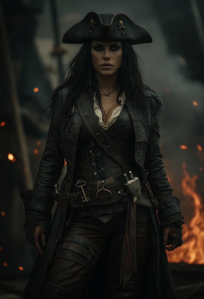 Sh4rpD3tails. A young woman with long,  wavy dark hair,  partially covered by a black tricorn hat adorned with a gold skul...