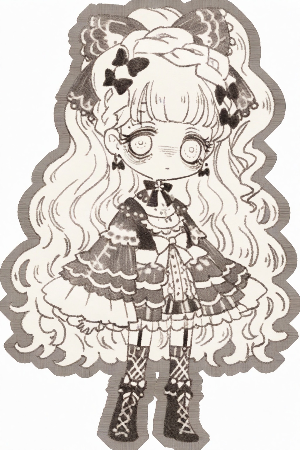 1girl,solo,long hair,looking at viewer,long sleeves,hair ornament,dress,thighhighs,bow,very long hair,standing,full body,monochrome,braid,hair bow,greyscale,frills,boots,chibi,wavy hair,garter straps,lolita fashion,bags under eyes,gothic lolita,<lora:mnsp Texture2D:1>,