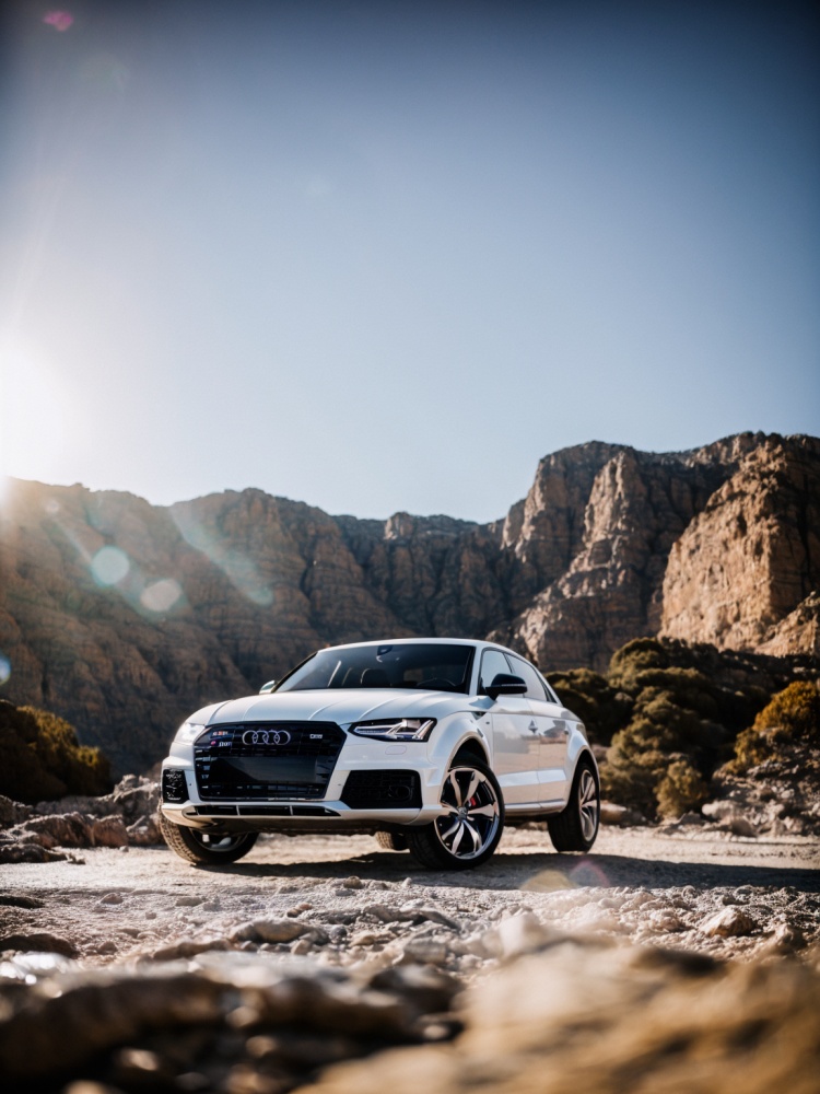 futuristic audi-branded rover dominates foreground, white metallic frame contrasts rugged, rocky terrain, rover' design sleek prominent audi rings side, scientific instrumentation atop, lens flare effect upper center casts warm glow creates,best quality,masterpiece,