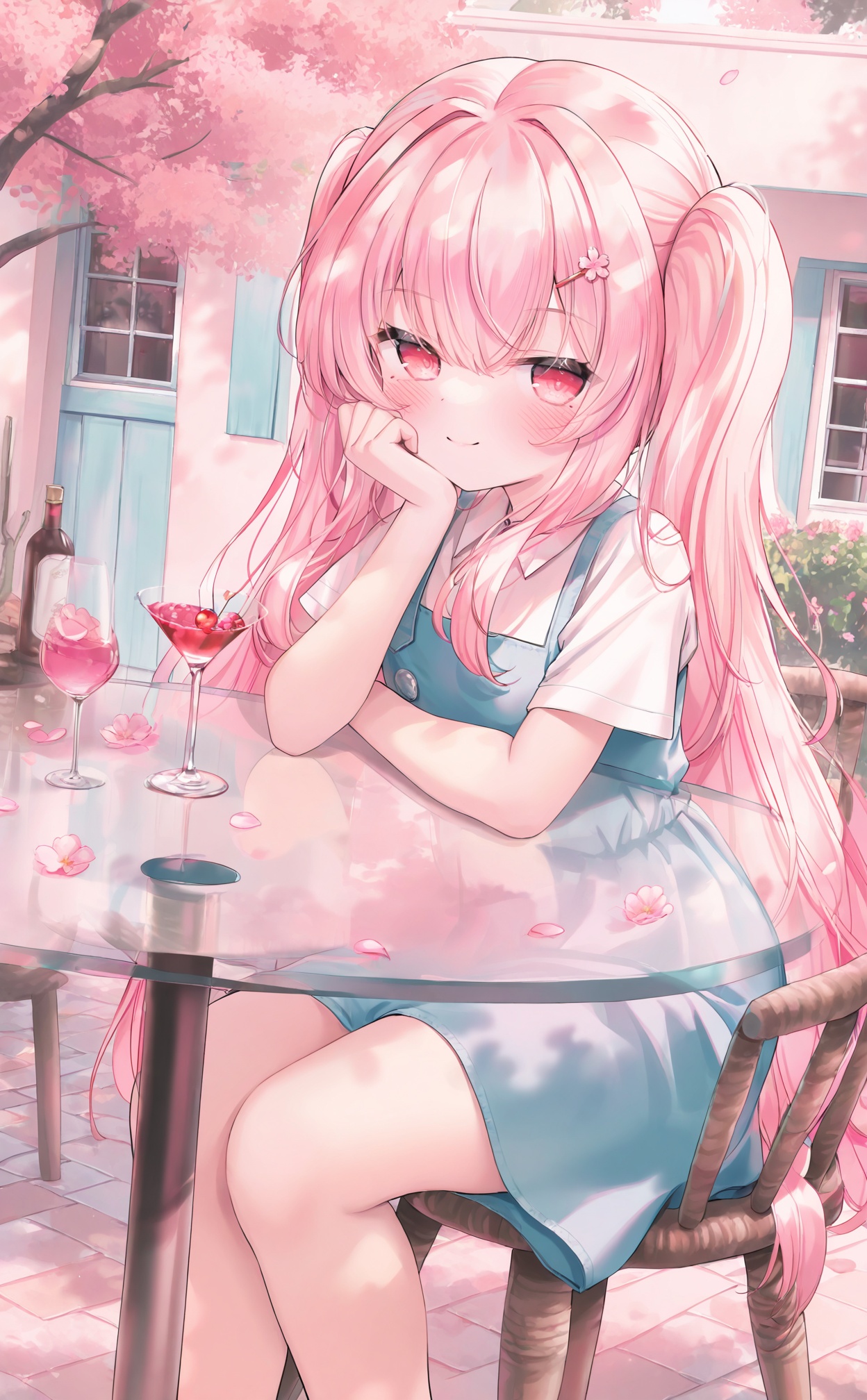 masterpiece,highres,absurdres,newest,best quality,loli,petite,high quality,chromatic_aberration,//,1girl, pink_hair, solo, sitting, long_hair, hair_ornament, cup, looking_at_viewer, white_shirt, drinking_glass, shirt, table, smile, chair, petals, cocktail_glass, twintails, short_sleeves, hairclip, closed_mouth, collared_shirt, cherry, outdoors, red_eyes, dress, window, blush, bottle, hair_between_eyes, feet_out_of_frame, flower, very_long_hair, day, on_chair, tree, head_rest, cherry_blossoms, food, wine_glass, sleeveless_dress, drink, wine_bottle, fruit, sleeveless, pink_flower, hand_up, blue_dress, pink_eyes, x_hair_ornament, hand_on_own_face, pinafore_dress//,<lora:guizhencao2——【noob】hans-000008:1>,