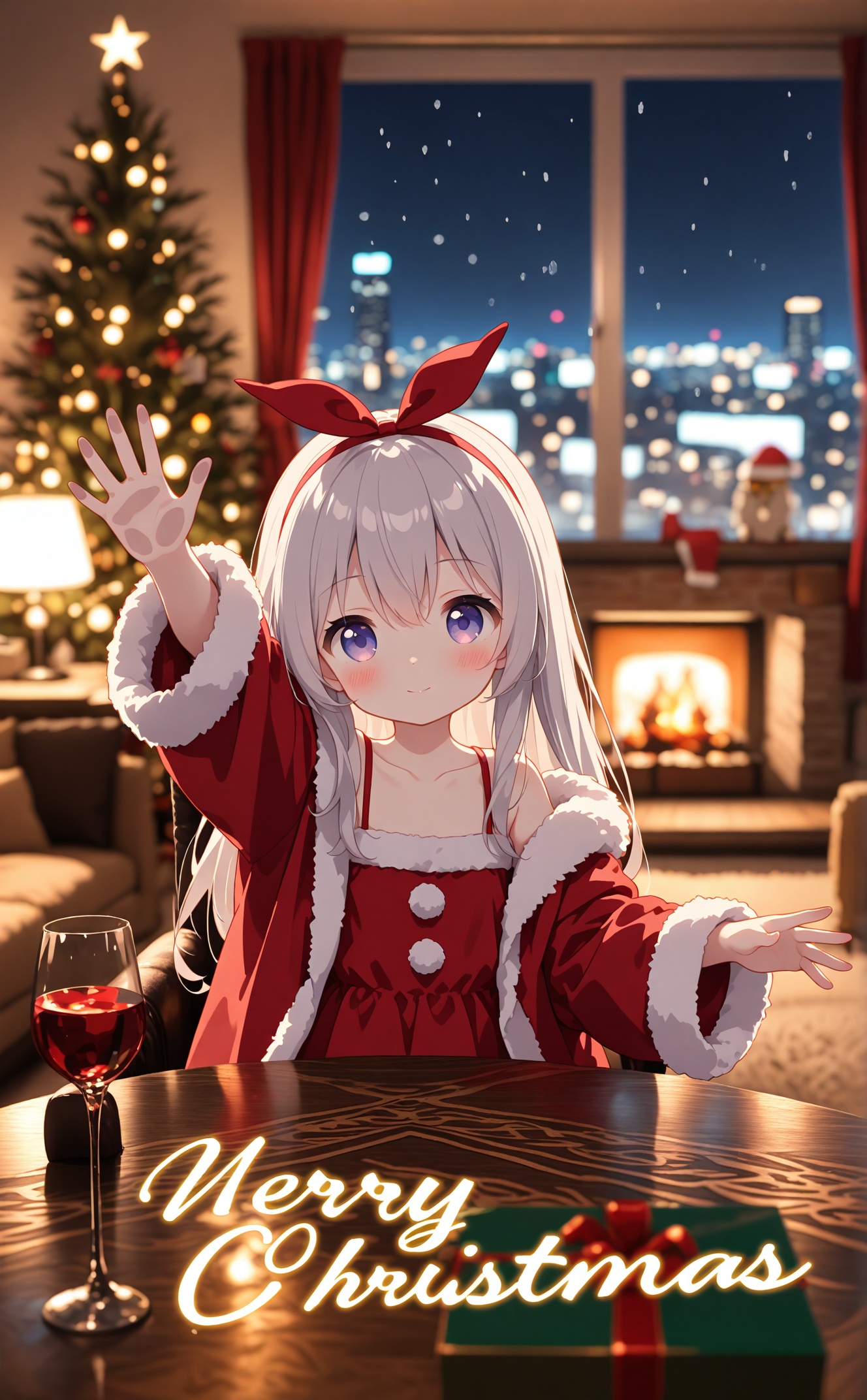 nyalia,loli,loli,loli,1girl,christmas,merry christmas,gift,long hair,hairband,solo,box,lamp,christmas tree,gift box,looking at viewer,indoors,santa costume,window,cup,blue eyes,smile,drinking glass,glass,night,dress,closed mouth,blush,hair between eyes,christmas present,grey hair,carpet,fur trim,condensation,long sleeves,hair ornament,bare shoulders,curtains,blurry,table,red dress,sitting,red hairband,sidelocks,ribbon,off shoulder,blonde hair,city lights,upper body,collarbone,desk lamp,rug,arm up,bell,night sky,christmas ornaments,against glass,depth of field,bed,jacket,santa dress,spaghetti strap,drink,purple eyes,fireplace,bedroom,fur-trimmed jacket,ice,santa hat,cityscape,fur-trimmed sleeves,english text,sky,alcohol,white hair,reaching,skyline,red jacket,armchair,hat,wine glass,hair ribbon,open clothes,red ribbon,blurry background,bow,light smile,pillow,headband,city,wide sleeves,reaching towards viewe,