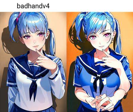 best quality, masterpiece, 1girl, solo, realistic, light blue hair, pink eyes, side ponytail, serafuku, pleated skirt, detailed hands and fingers