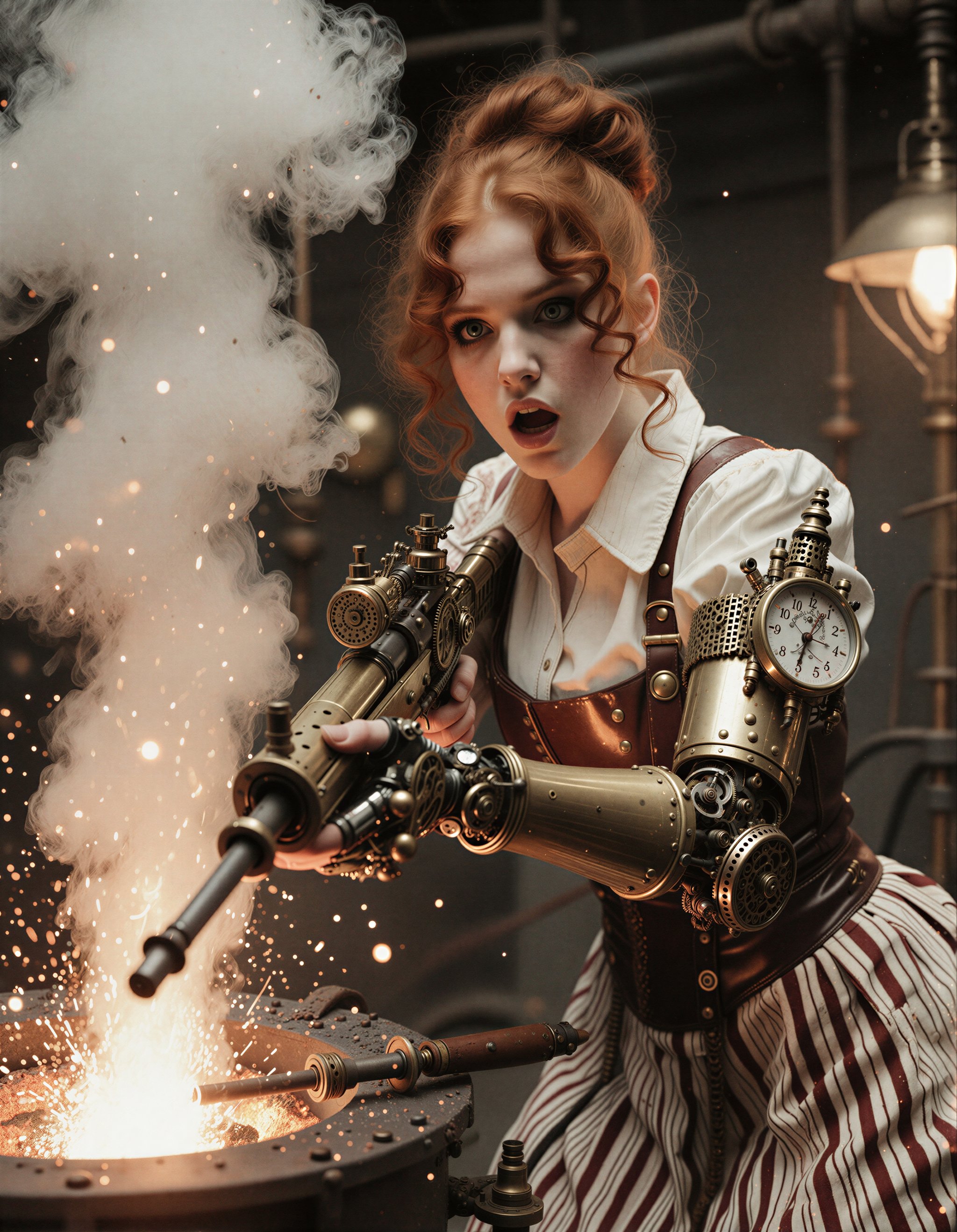 A steampunk woman,  a 25 year beautiful auburn hair old caucasian woman with fair skin,  auburn curly hair (usually tied i...