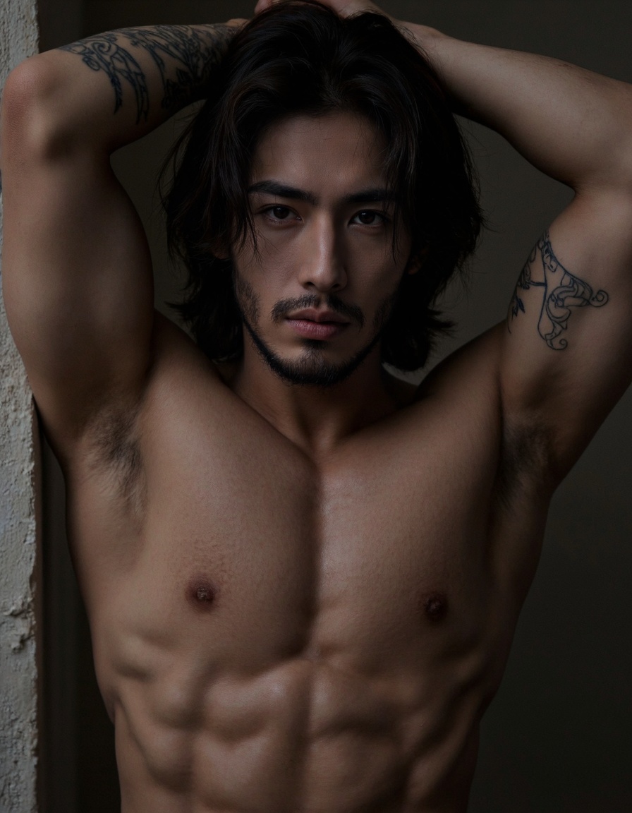 a man with long hair and beard,a shirtless man leaning against a wall,waist up big muscle,tattoo arm,soft lighting,high resolution,professional grade,RAW photography,evocative composition,Cinematic Lighting,moody lighting,perfect eyes,depth of field,virtual background,eyes focus,<lora:majichandsome1:0.8>,