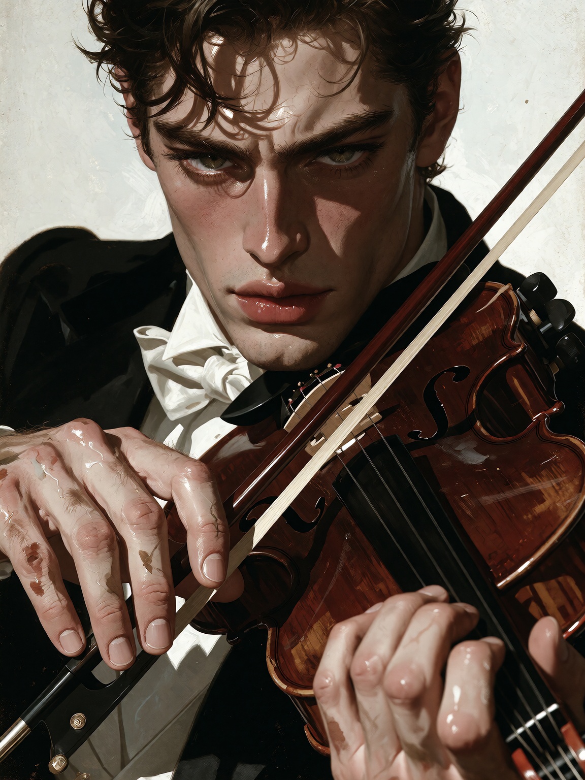 Bradhamel art style. In this arresting cinematic close-up,  we are plunged into an intimate world where a man,  his face s...