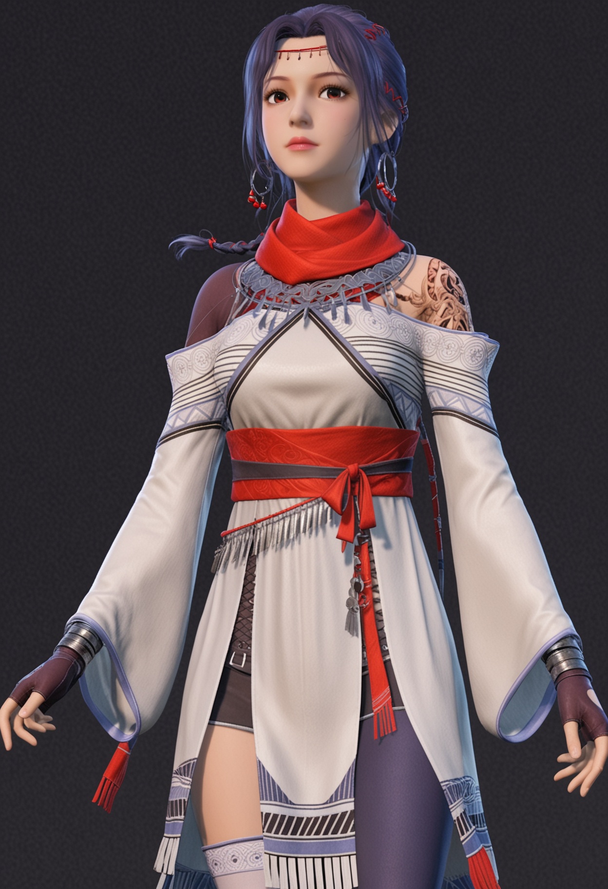 (looking_at_viewer:1.2),upper_body,<lora:YQ_pony_xiancan_V4:0.8>,q1528437228,solo,1girl,black hair,jewelry,hair ornament,brown eyes,brown hair,scarf,single tattoo,red scarf,long hair,earrings,short hair,braid,necklace,gloves,black eyes,dress,fingerless gloves,red eyes,hoop earrings,long sleeves,bandana,sash,thighhighs,circlet,white dress,arm tattoo,pantyhose,dark skin,black gloves,fringe trim,multiple braids,dark-skinned female,asymmetrical legwear,blue hair,headband,shoes,single braid,legs,single thighhigh,socks,armor,(simple background,pure black background,black background:1.1),perfect_anatomy,