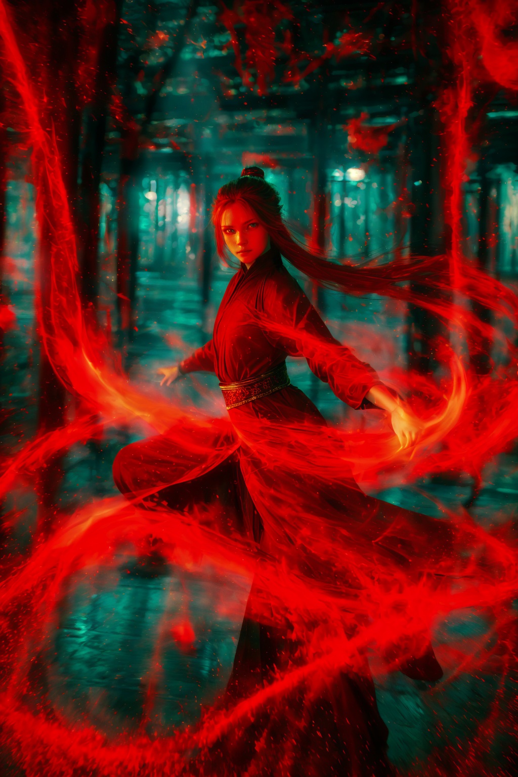 dancing,fighting stance,red-aura,using red-magic,red-magic,1girl,solo,long hair,blue eyes,common face,full body,<lora:magic_fighting_red_512_dreamshaper_8:0.8>,