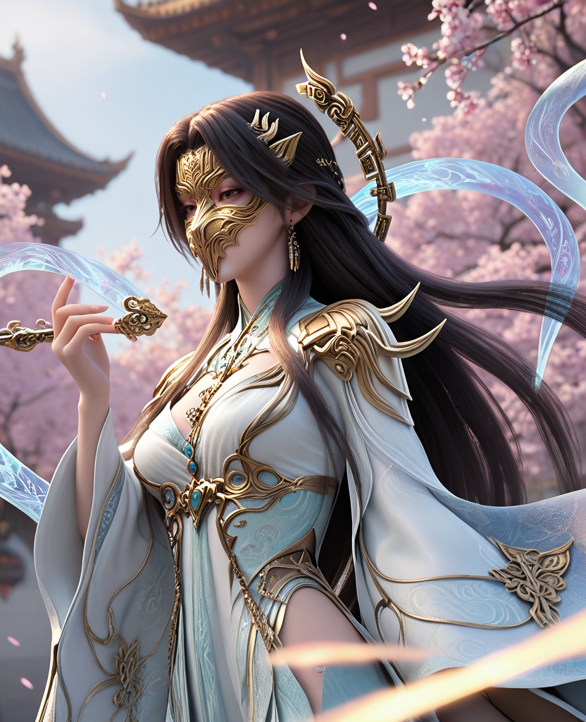 (oriental architecture, elegant decor, sophisticated style:1.1),sleeping,(breasts:1.2),<lora:XL16完美世界狠人大帝:0.95>,miss henren,white high-slit corset gown,brown eyes,black hair,very long hair,long front strands,earrings,jewelry,wide flowing sleeves,hagoromo,bronze mask,, zPDXL2, score_9, score_8_up, score_7_up BREAK realistic, masterpiece,best quality, highly detailed,, zPDXL3, zPDXL2,zPDXL, zPDXLxxx, zPDXLrl,