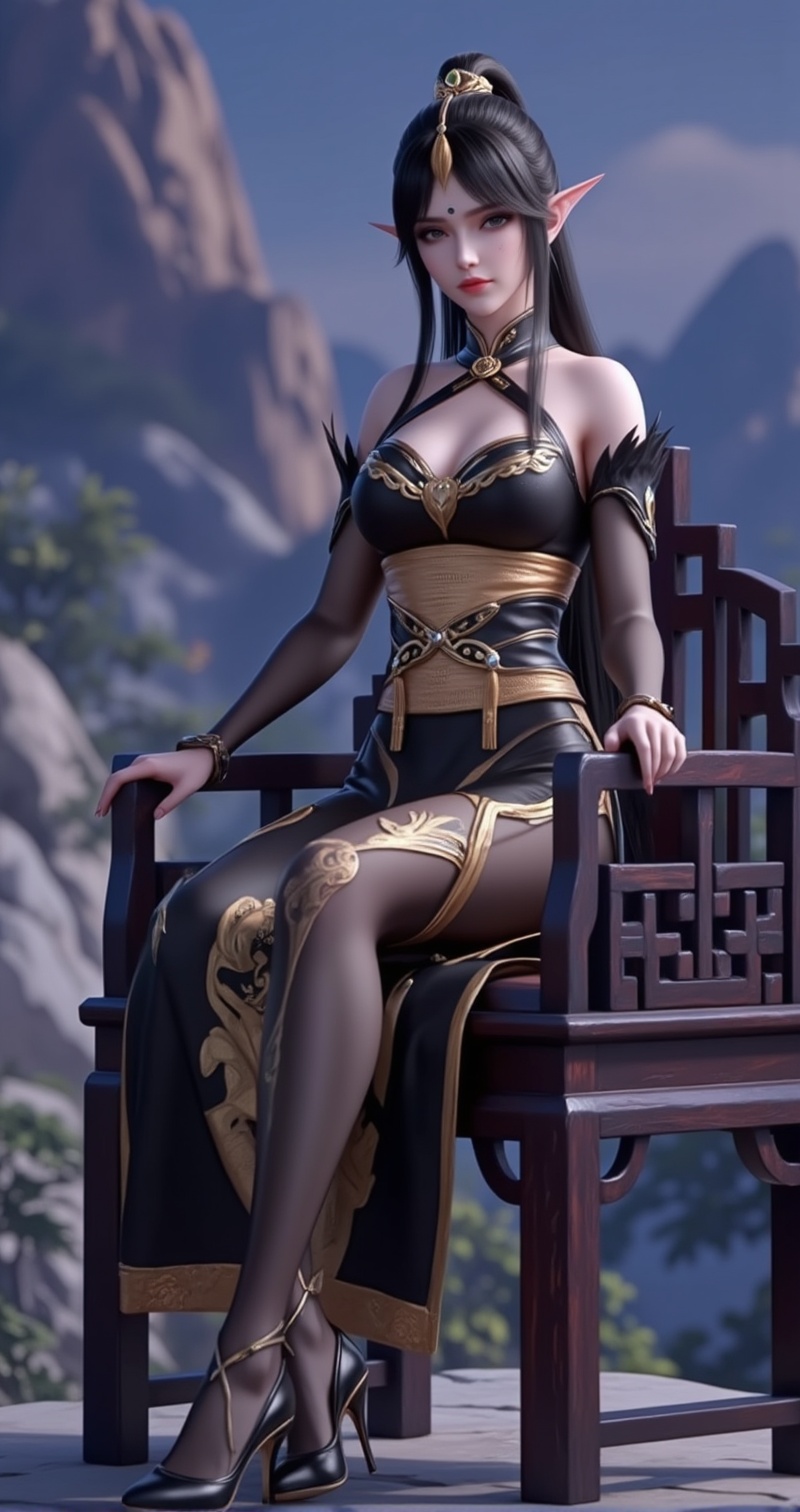 <lora:凤清儿·百搭版5:1>,fengqinger,1girl,solo,pointy ears,black hair,looking at viewer,portrait,blurry background,long hair,closed mouth,blurry,hair ornament,facial mark,elf,forehead mark,makeup,2,<lora:雅菲衣服·7:1>,yafei,1girl,dress,high heels,sitting,solo,chinese clothes,breasts,bare shoulders,black footwear,china dress,black dress,bridal gauntlets,full body,pantyhose,jewelry,halter dress,chair,2,cover,gradient background,close-up details,outstanding style,adding a touch of dimension to your images without compromising details,close-up,<lora:DJ滤镜_2.5D版:0.3>,lvjing,<lora:油画唯美滤镜15:0.2>,baoshi,